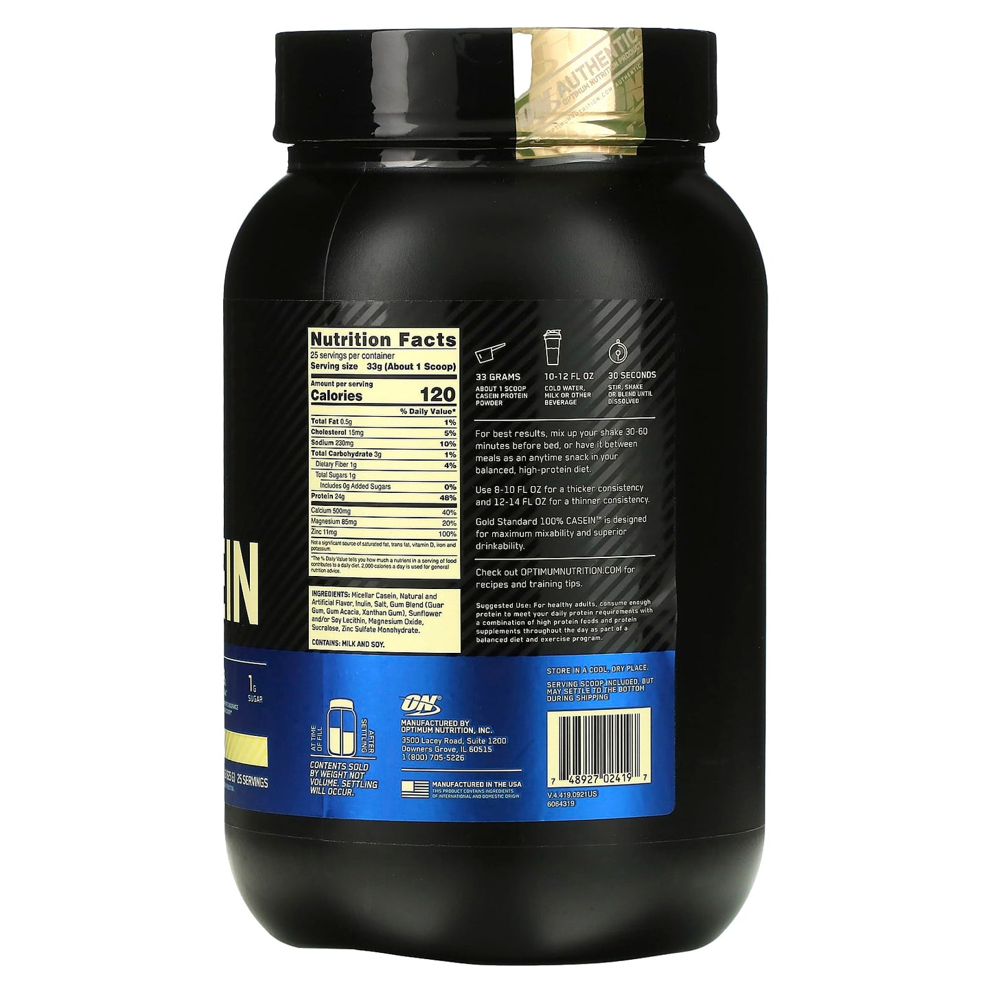 Optimum Nutrition, Gold Standard® 100% Casein, Creamy Vanilla, 1.81 lb (825 g) - Image 2