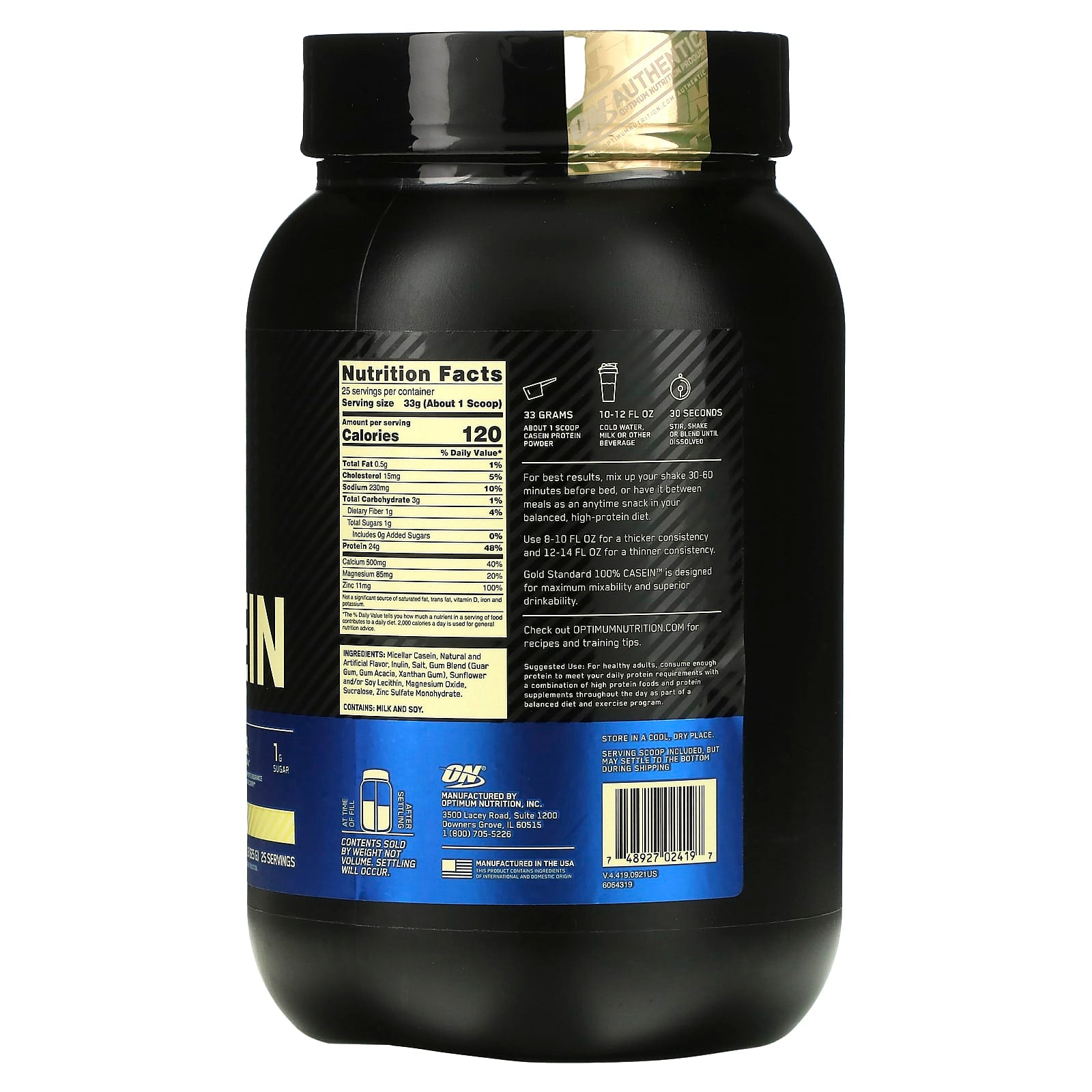 Optimum Nutrition, Gold Standard® 100% Casein, Creamy Vanilla, 1.81 lb (825 g) - Image 2