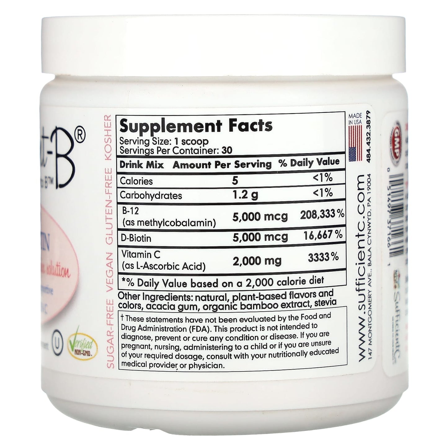 Sufficient C, Abundant-B High Dosed B-12 & Biotin Drink Mix, Pink Lemonade, 108 g - Image 2