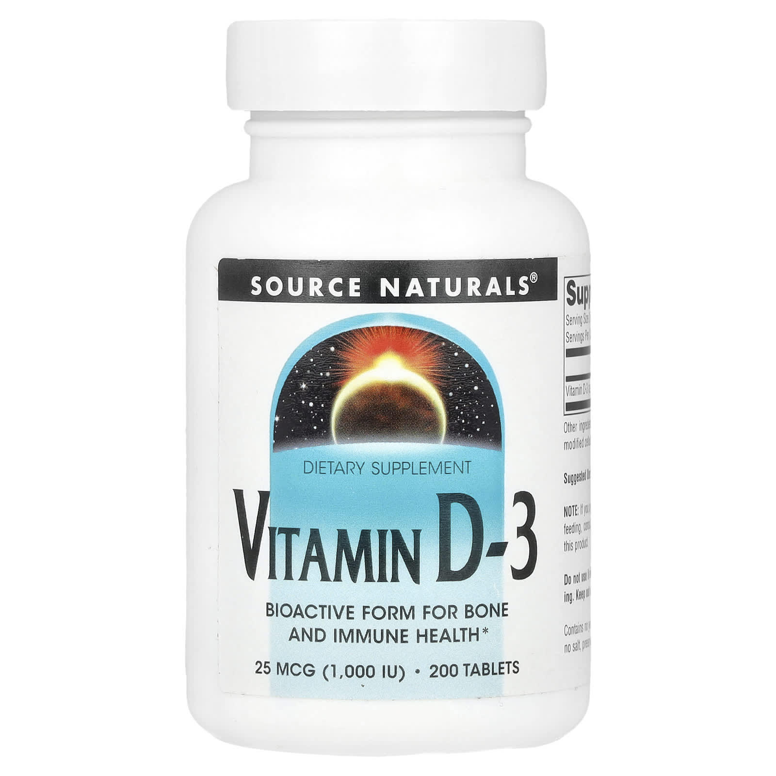 Source Naturals, Vitamin D-3, 25 mcg (1,000 IU), 200 Tablets - Image 1