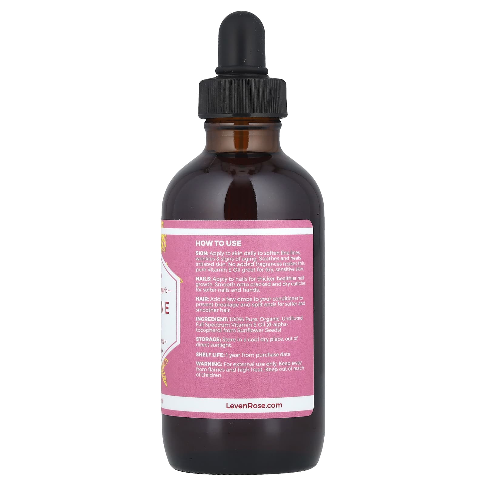 Leven Rose, 100% Pure & Organic Vitamin E Oil, 4 fl oz (118 ml) - Image 2