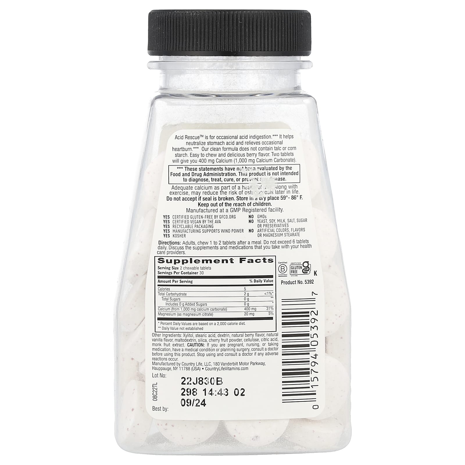 Country Life Acid Rescue Calcium Supplement for Occasional Heartburn Relief - Image 2