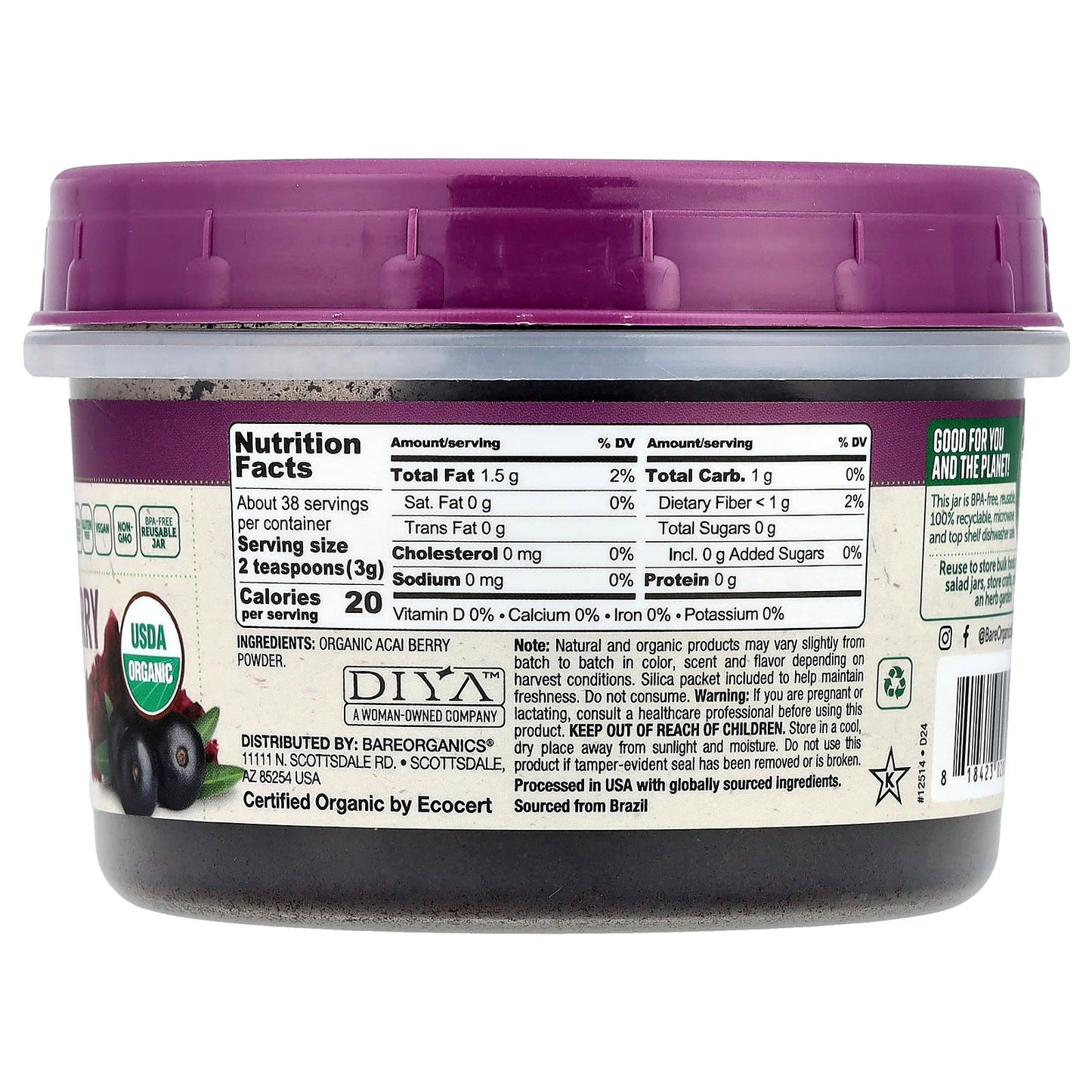 BareOrganics Freeze-Dried Organic Acai Berry Powder, 4 oz - Image 2