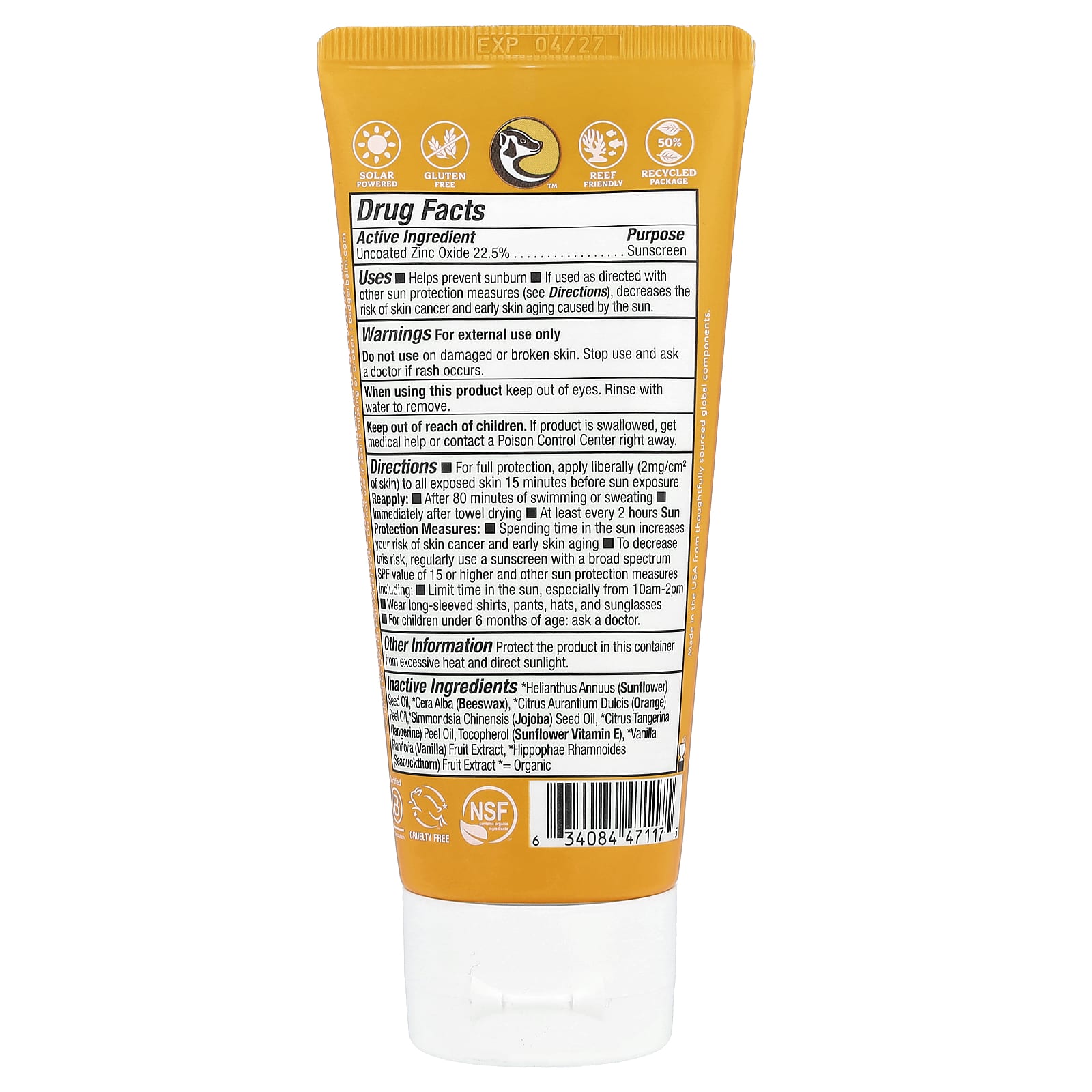 Badger Kids Mineral Sunscreen, SPF 40, 2.9 fl oz, Tangerine & Vanilla - Image 2