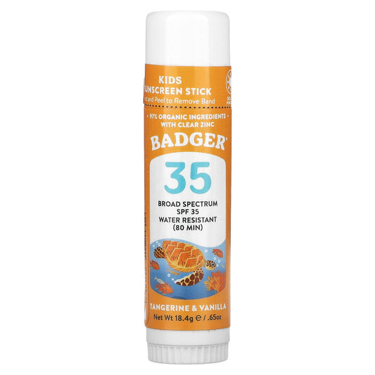 Badger Kids Sunscreen Stick, SPF 35, Tangerine & Vanilla, 97% Organic - Image 1