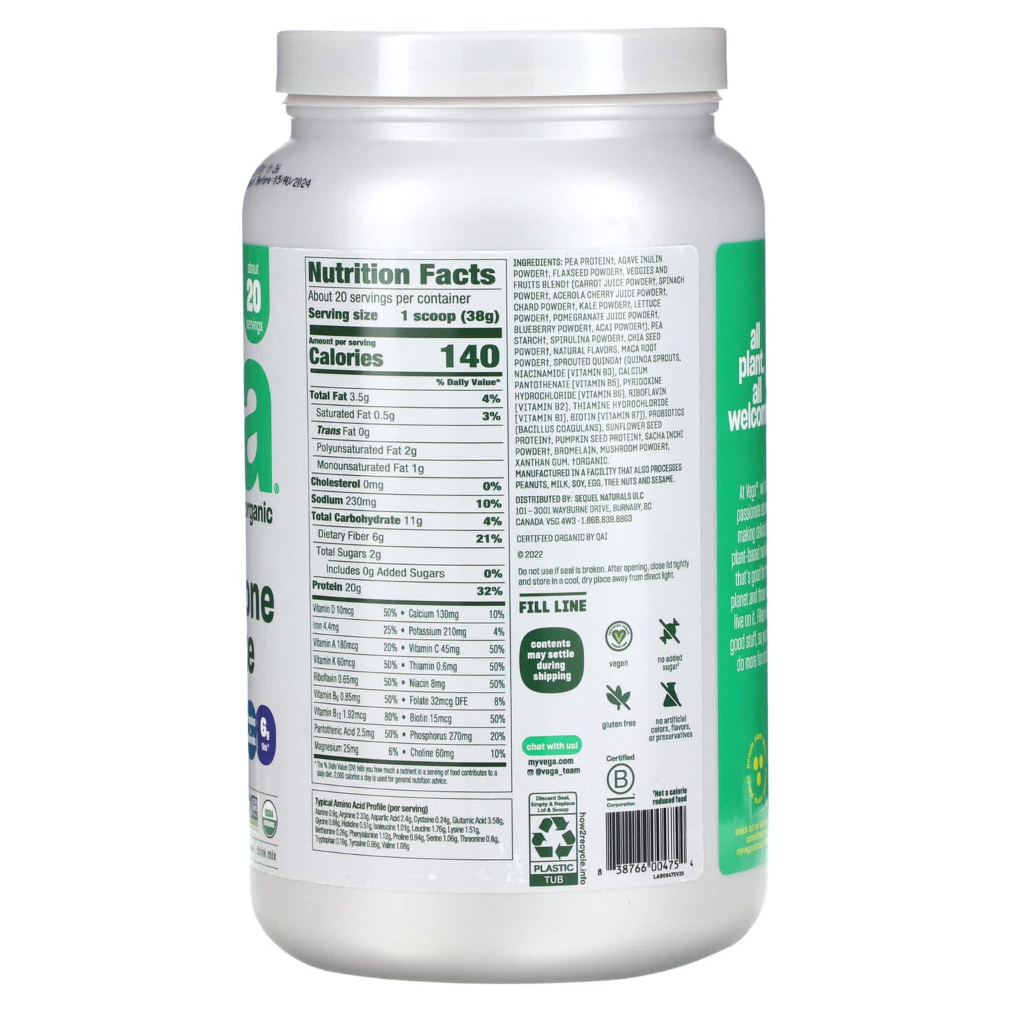 Vega, Plant-Based Organic All-In-One Shake, Plain Unsweetened, 1 lb 10.9 oz (763 g) - Image 2