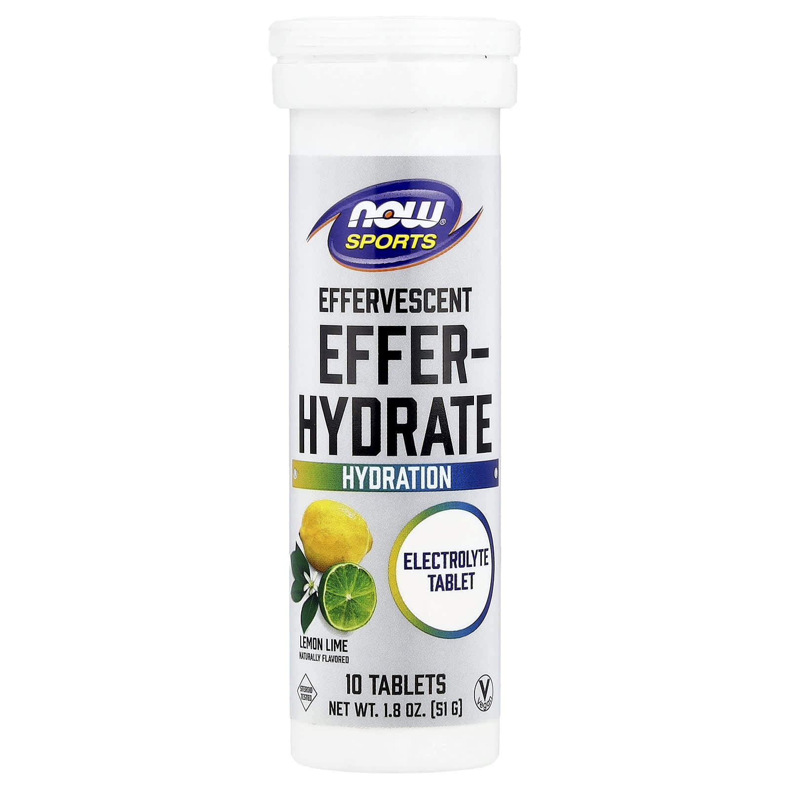 NOW Foods, Sports, Effer-Hydrate, Lemon Lime, 10 Tablets, 1.8 oz (51 g) - Image 1