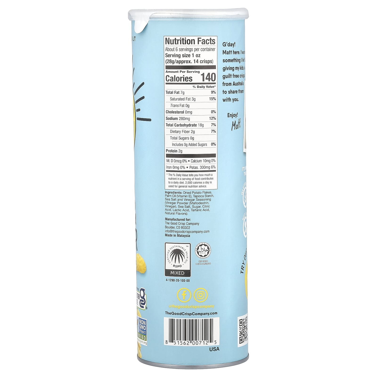 The Good Crisp Company, Potato Crisps, Sea Salt & Vinegar, 5.6 oz (160 g) - Image 2