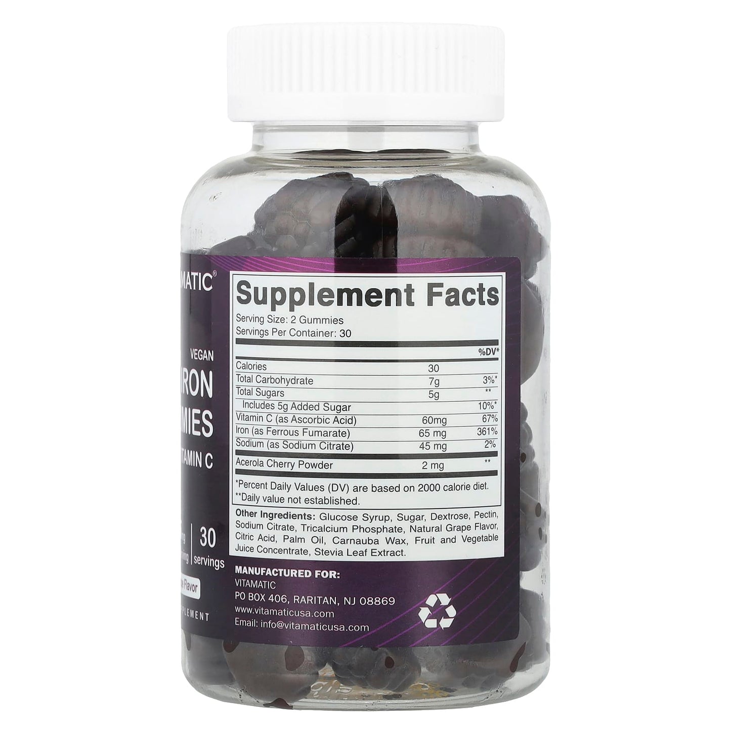 Vitamatic, Vegan Iron Gummies with Vitamin C, Natural Grape, 60 Gummies - Image 2
