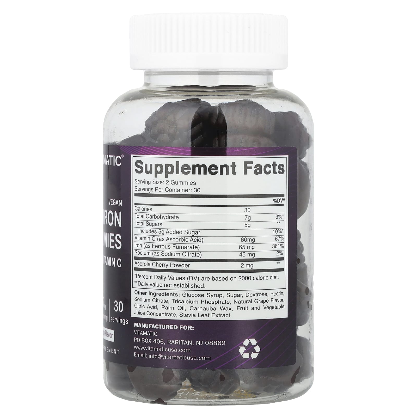 Vitamatic, Vegan Iron Gummies with Vitamin C, Natural Grape, 60 Gummies - Image 2