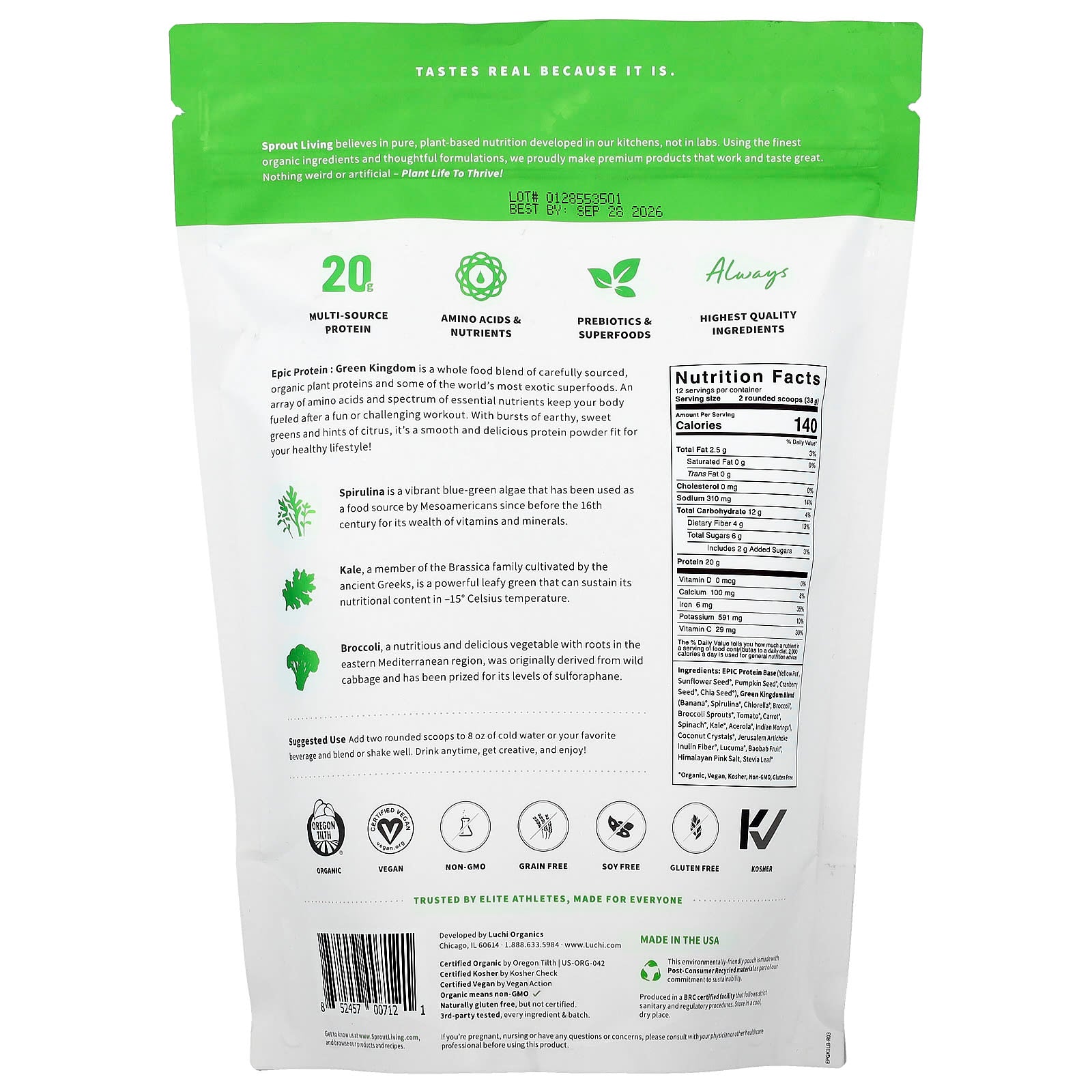 Sprout Living, Epic Protein®, Organic Plant Protein + Superfoods, Green Kingdom, 1 lb (456 g) - Image 2