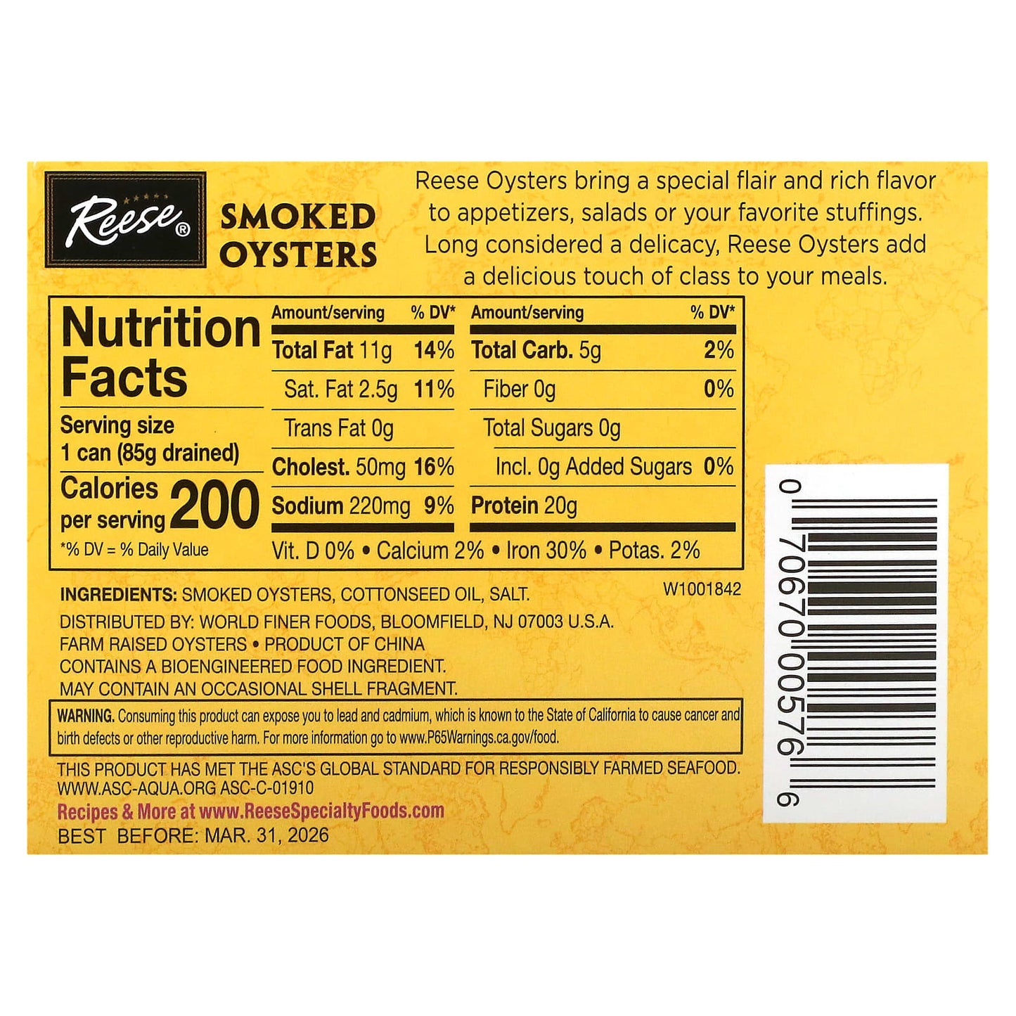 Reese, Large Smoked Oysters, 3.7 oz (105 g) - Image 2