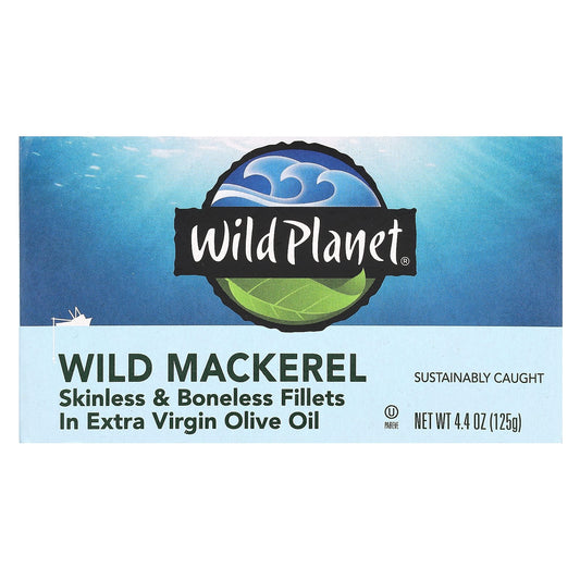 Wild Planet, Wild Mackerel, Skinless & Boneless Fillets in Extra Virgin Olive Oil, 4.4 oz (125 g) - Image 1
