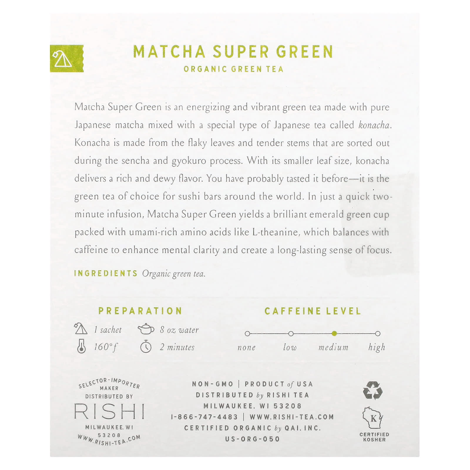 Rishi Tea, Organic Green Tea, Matcha Super Green, 15 Sachets, 1.32 oz (37.5 g) - Image 2