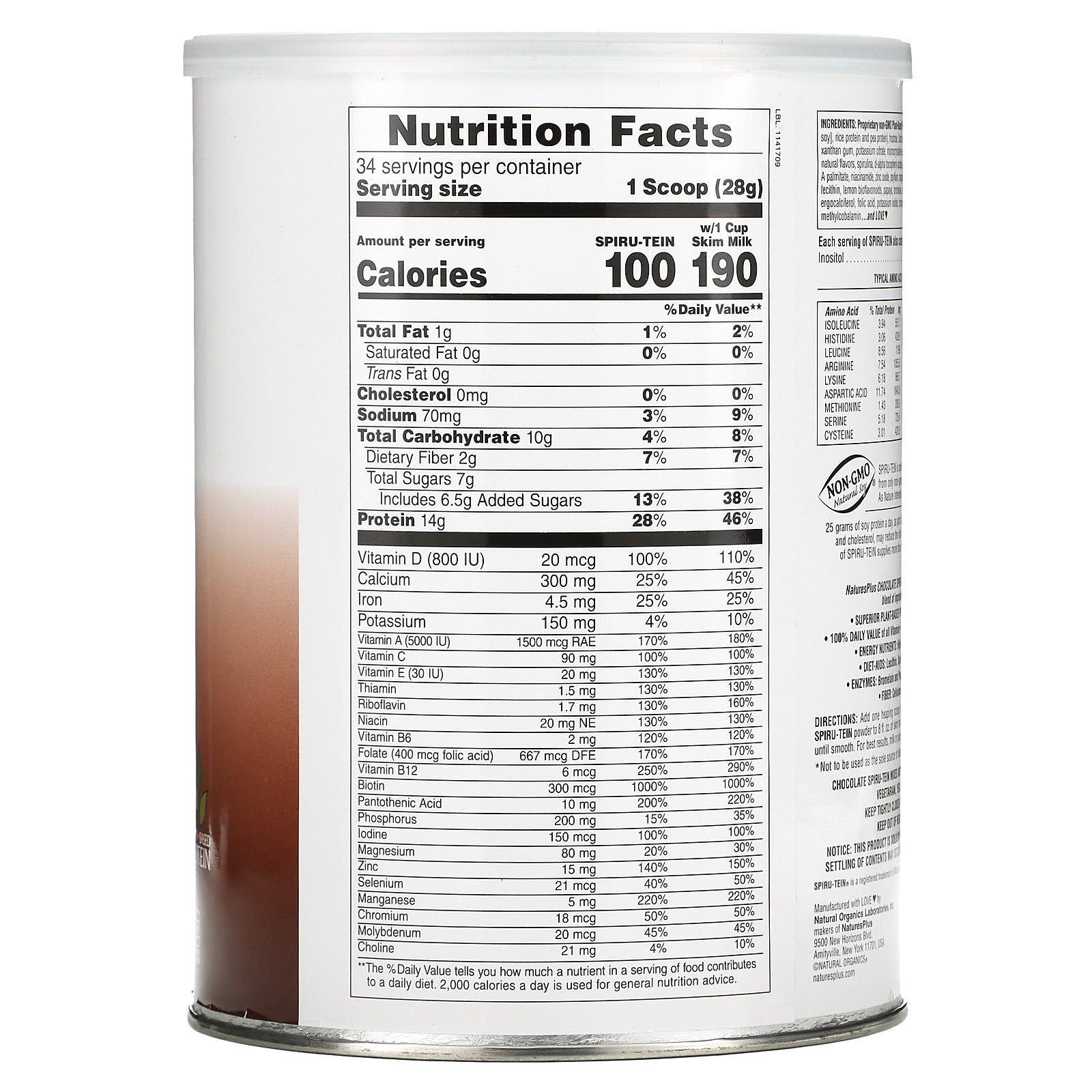 NaturesPlus, Spiru-Tein, High Protein Energy Meal, Chocolate, 2.1 lbs. (952 g) - Image 2