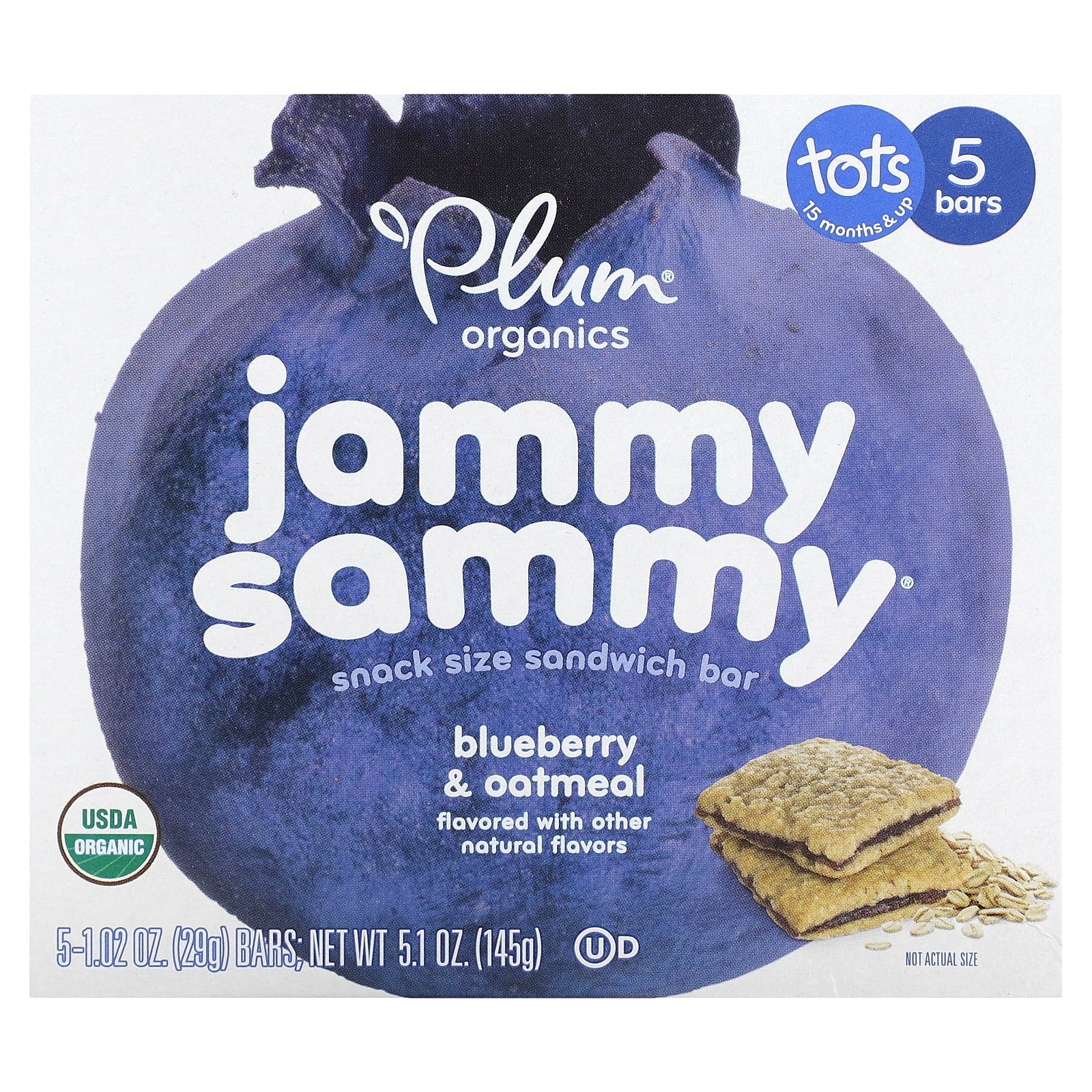 Plum Organics, Jammy Sammy, Snack Size Sandwich Bar, 15 Months & Up, Blueberry & Oatmeal, 5 Bars, 1.02 oz (29 g) Each - Image 1