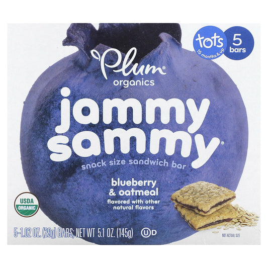 Plum Organics, Jammy Sammy, Snack Size Sandwich Bar, 15 Months & Up, Blueberry & Oatmeal, 5 Bars, 1.02 oz (29 g) Each - Image 1