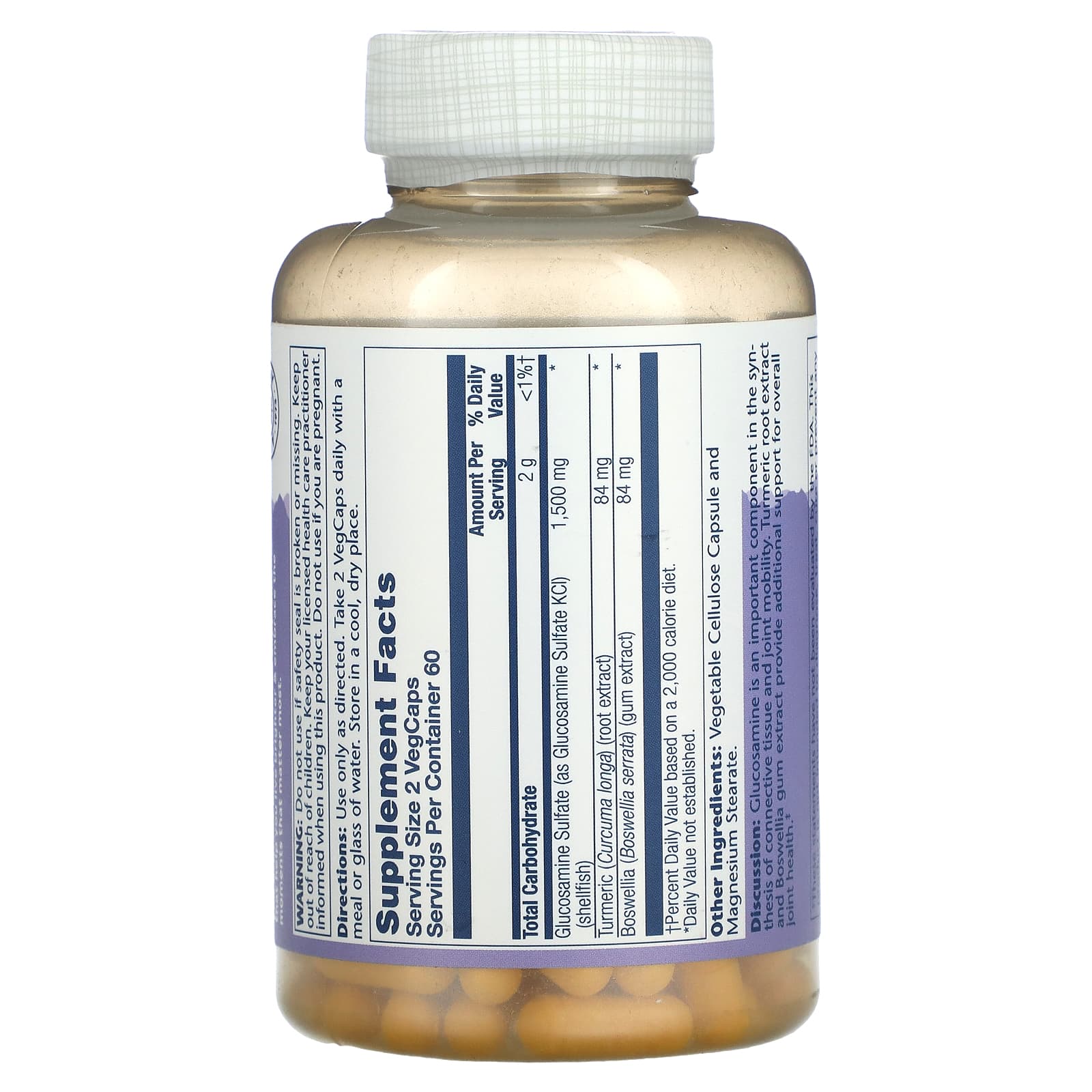 Solaray, Two Daily Glucosamine Sulfate with Turmeric & Boswellia, 1,500 mg, 120 VegCaps - Image 2