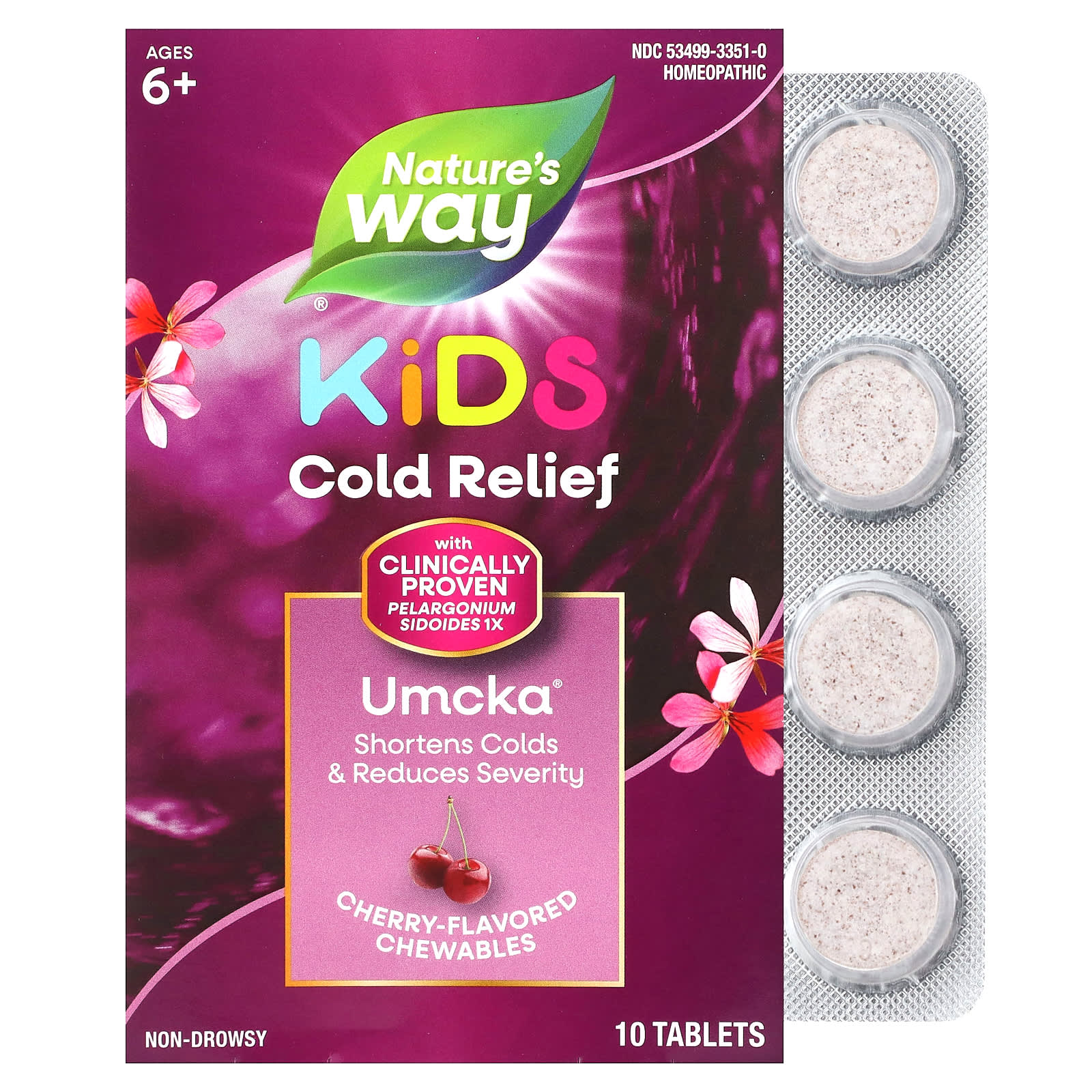 Nature's Way, Umcka, Kids Cold Relief, Non-Drowsy, For Ages 6+, Cherry , 10 Chewable Tablets