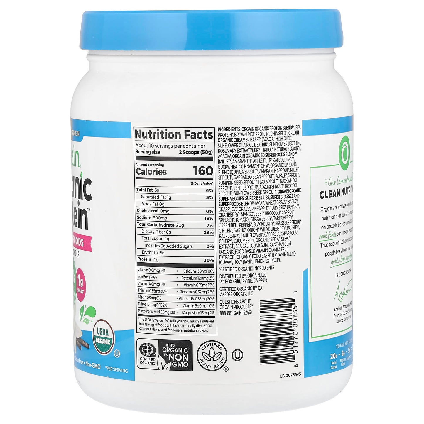 Orgain, Organic Protein™ Powder + 50 Superfoods, Plant-Based, Vanilla Bean, 1.12 lb (510 g) - Image 2