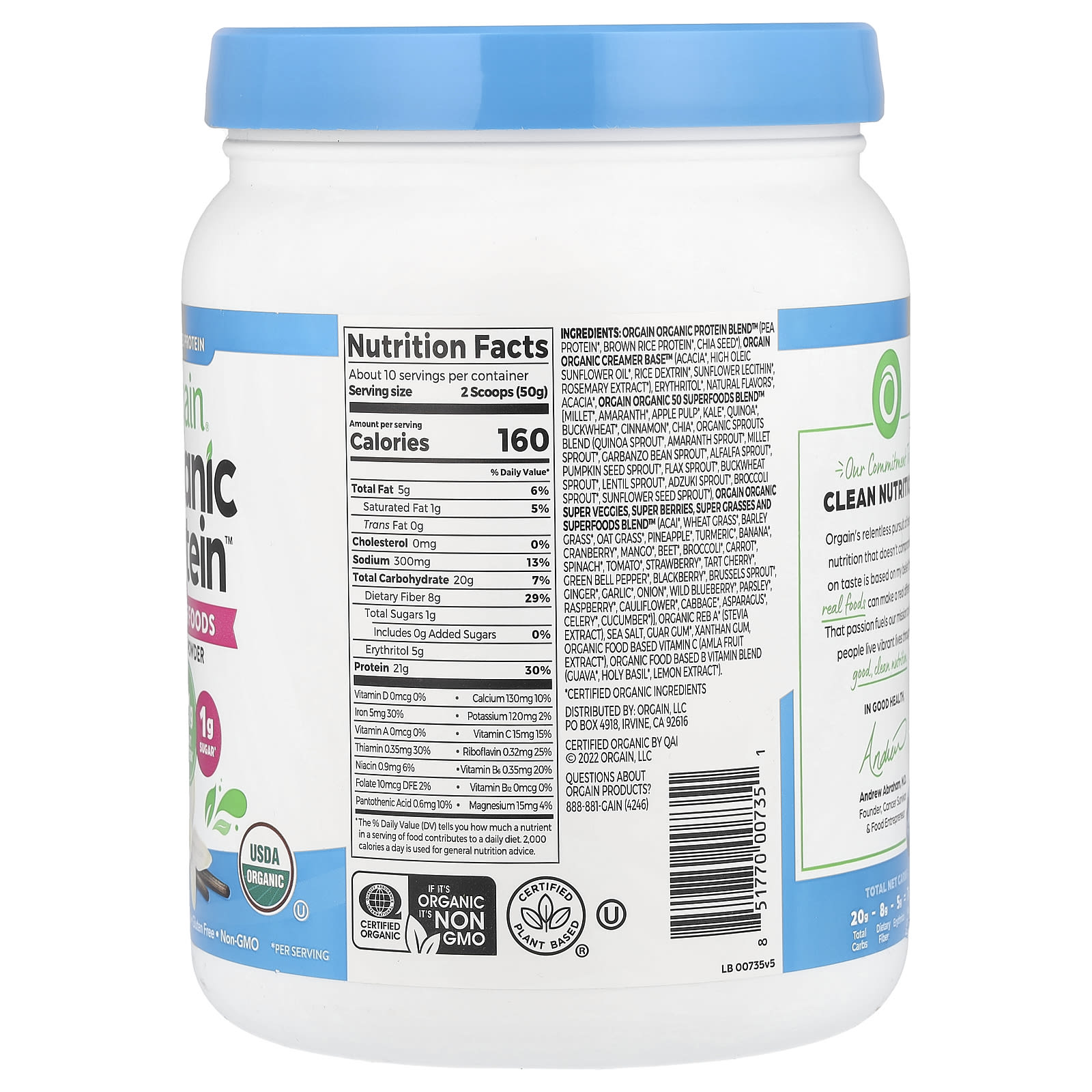 Orgain, Organic Protein™ Powder + 50 Superfoods, Plant-Based, Vanilla Bean, 1.12 lb (510 g) - Image 2