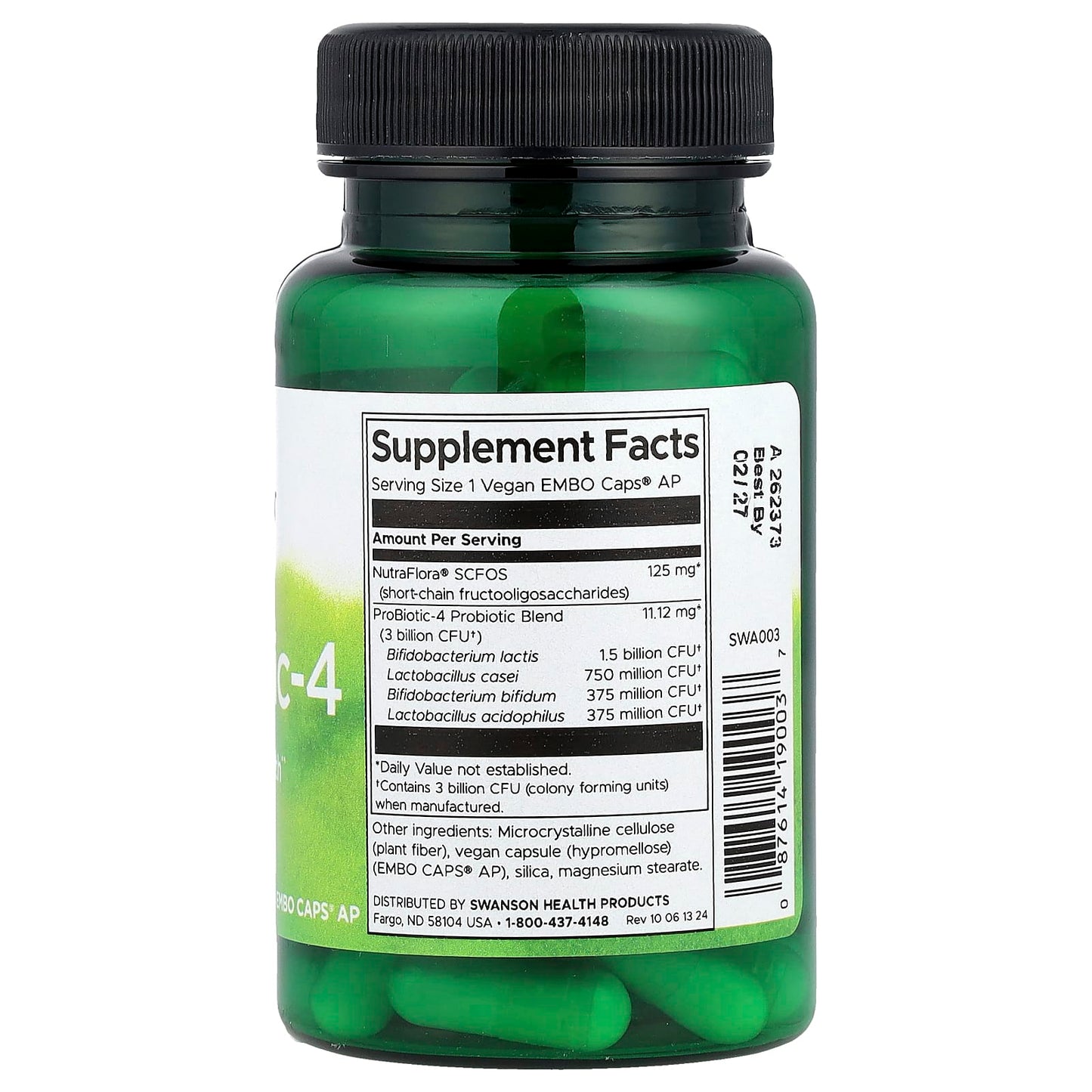 Swanson, ProBiotic-4, 60 Vegan Embo Caps® AP - Image 2