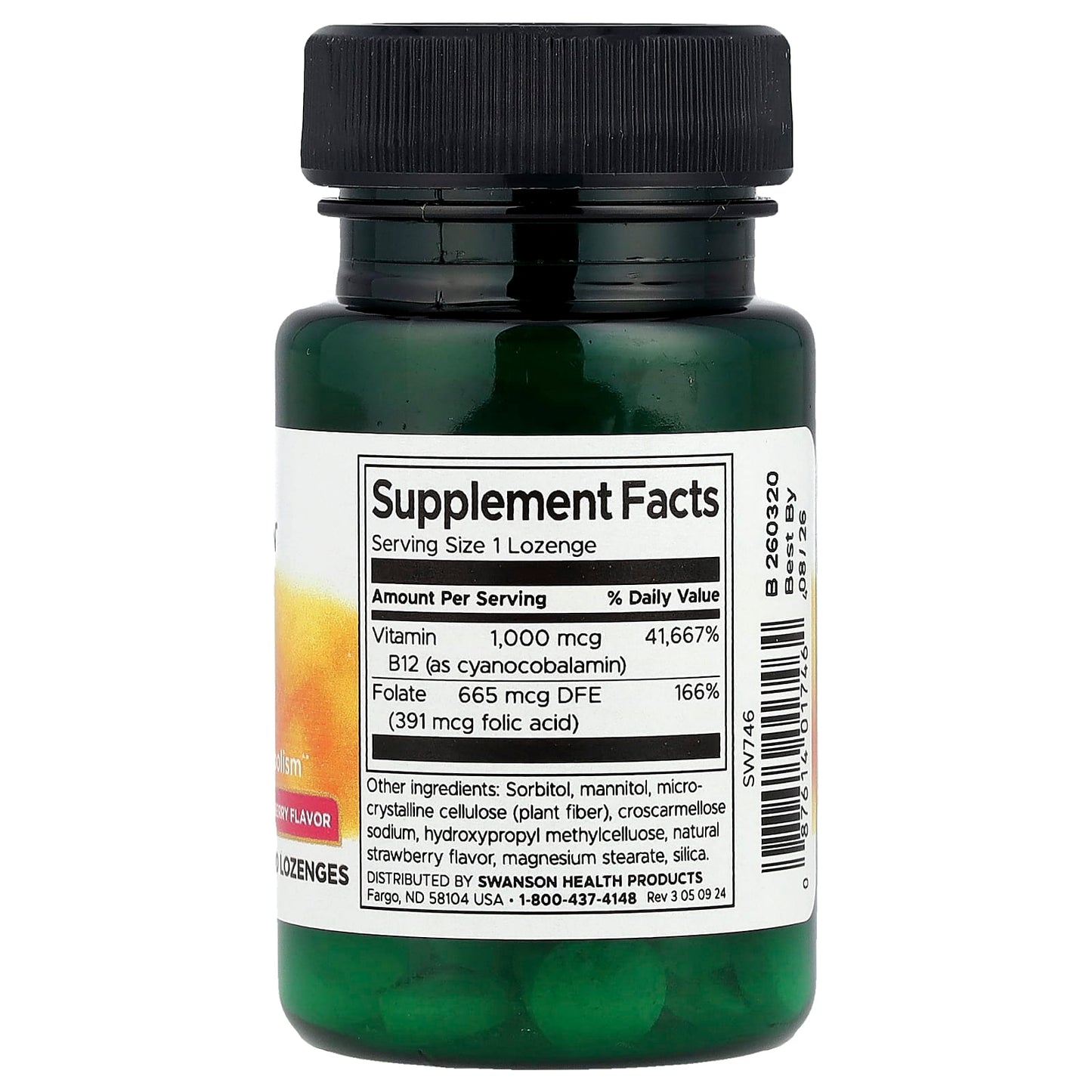 Swanson, Vitamin B12 with Folate, Strawberry, 100 Lozenges - Image 2