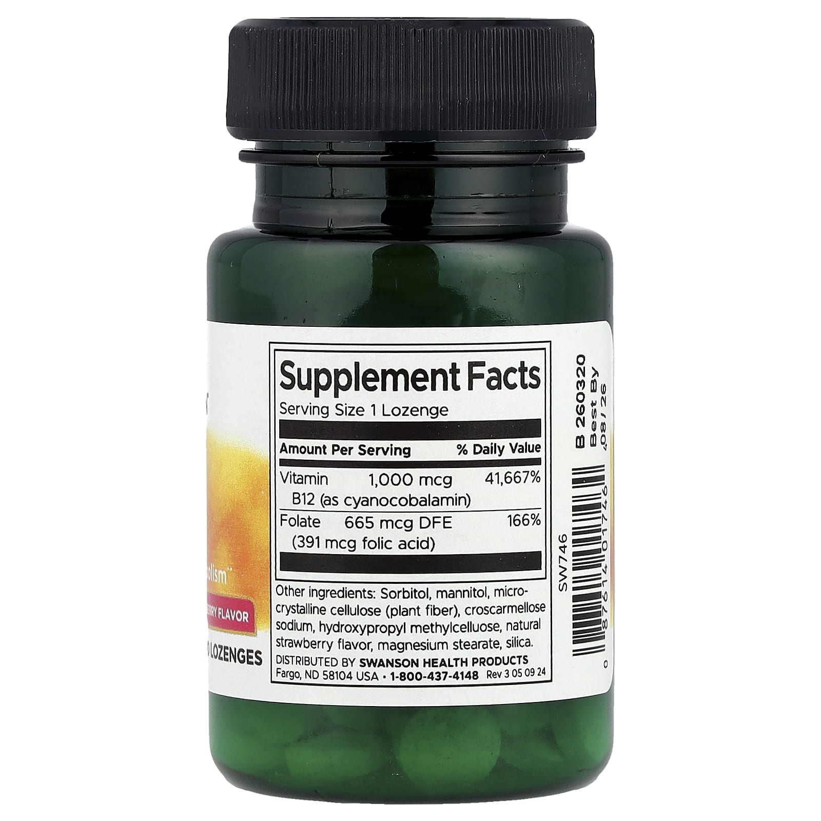 Swanson, Vitamin B12 with Folate, Strawberry, 100 Lozenges - Image 2