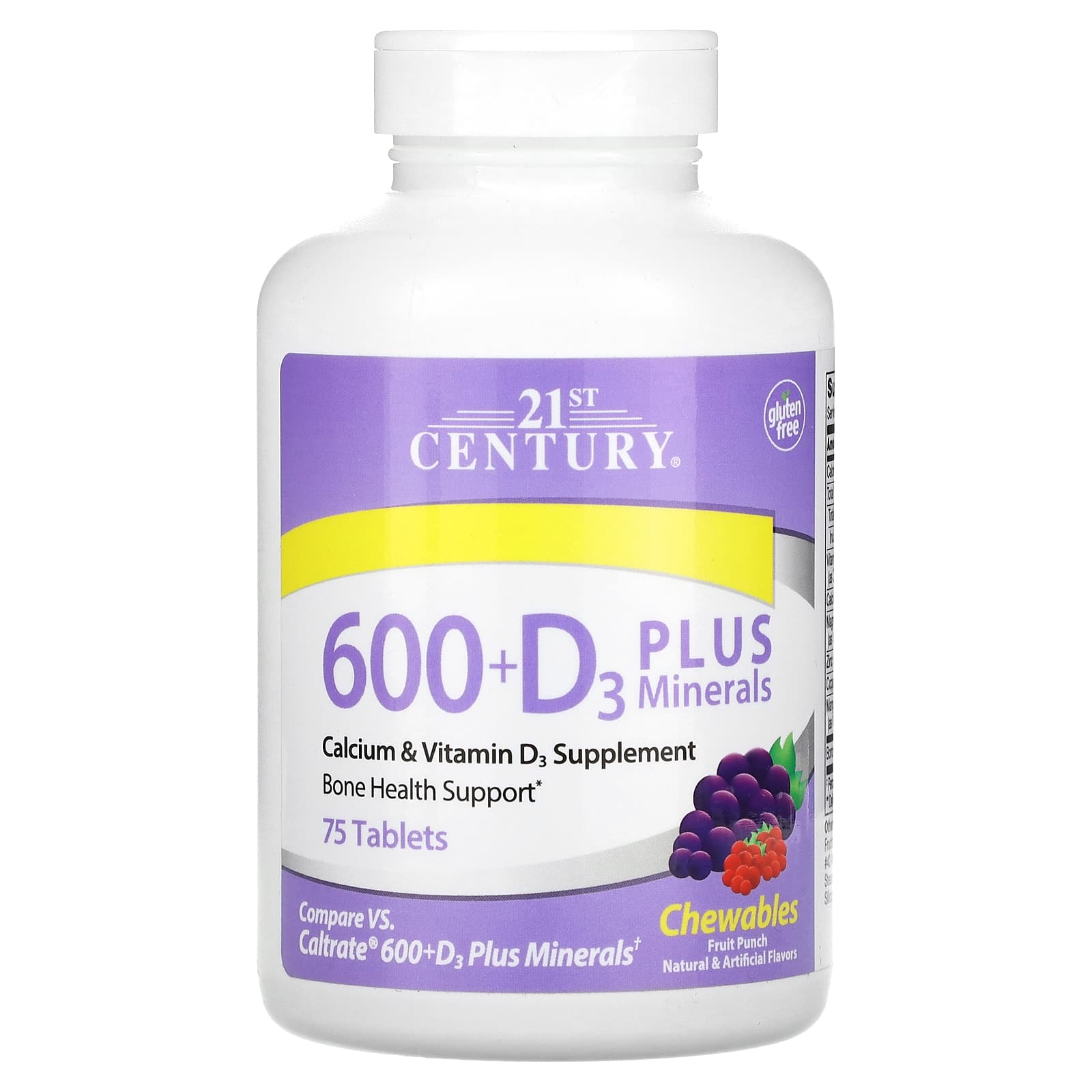21st Century 600+ D3 Plus Minerals, Fruit Punch, 75 Chewable Tablets for Strong Bones - Image 1