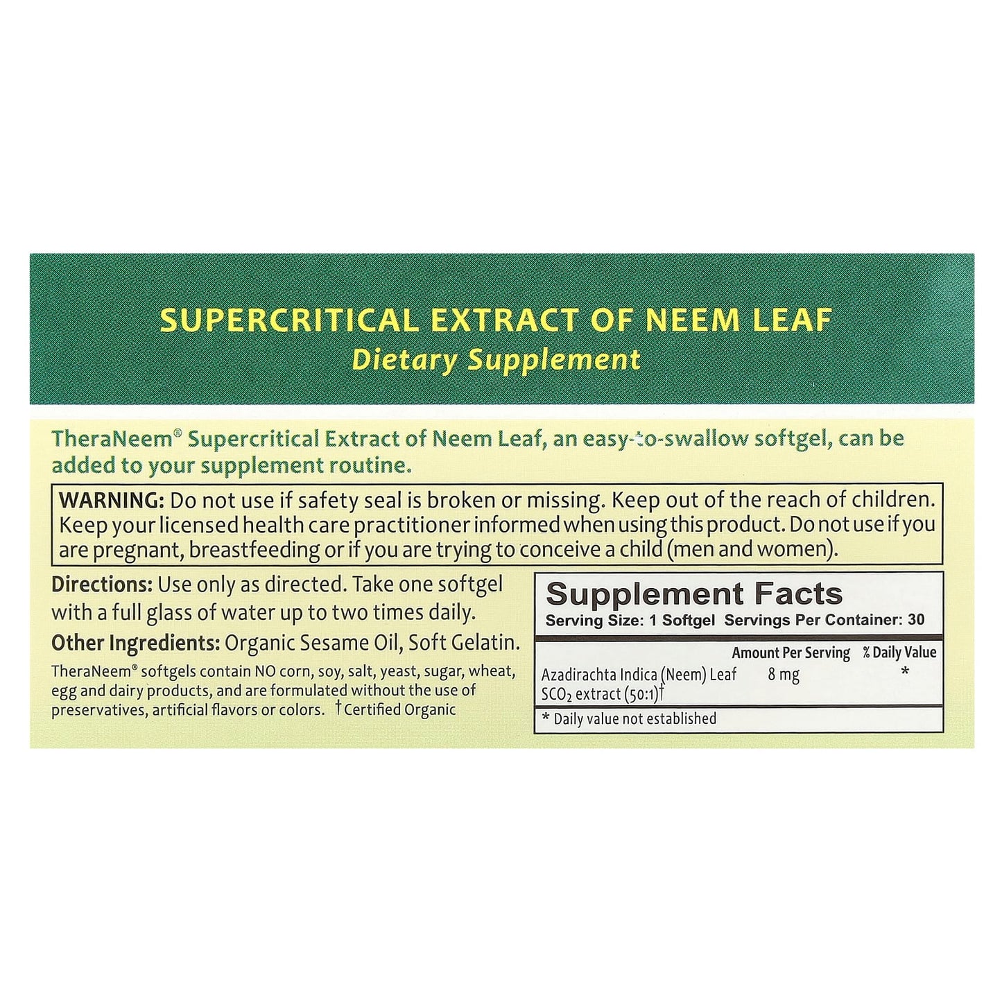 Organix South, TheraNeem® Naturals, Supercritical Extract of Neem Leaf, 8 mg, 30 Softgels