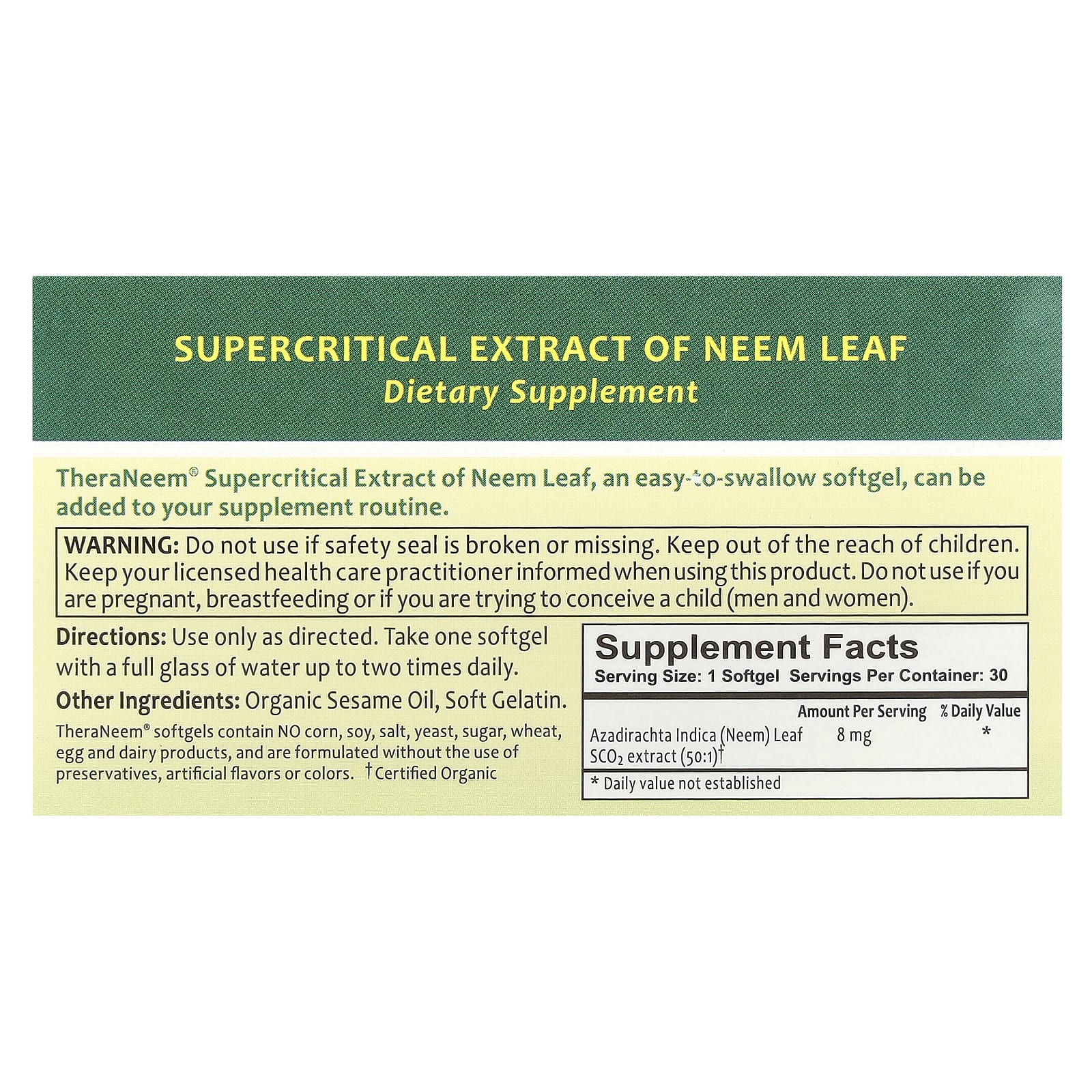 Organix South, TheraNeem® Naturals, Supercritical Extract of Neem Leaf, 8 mg, 30 Softgels
