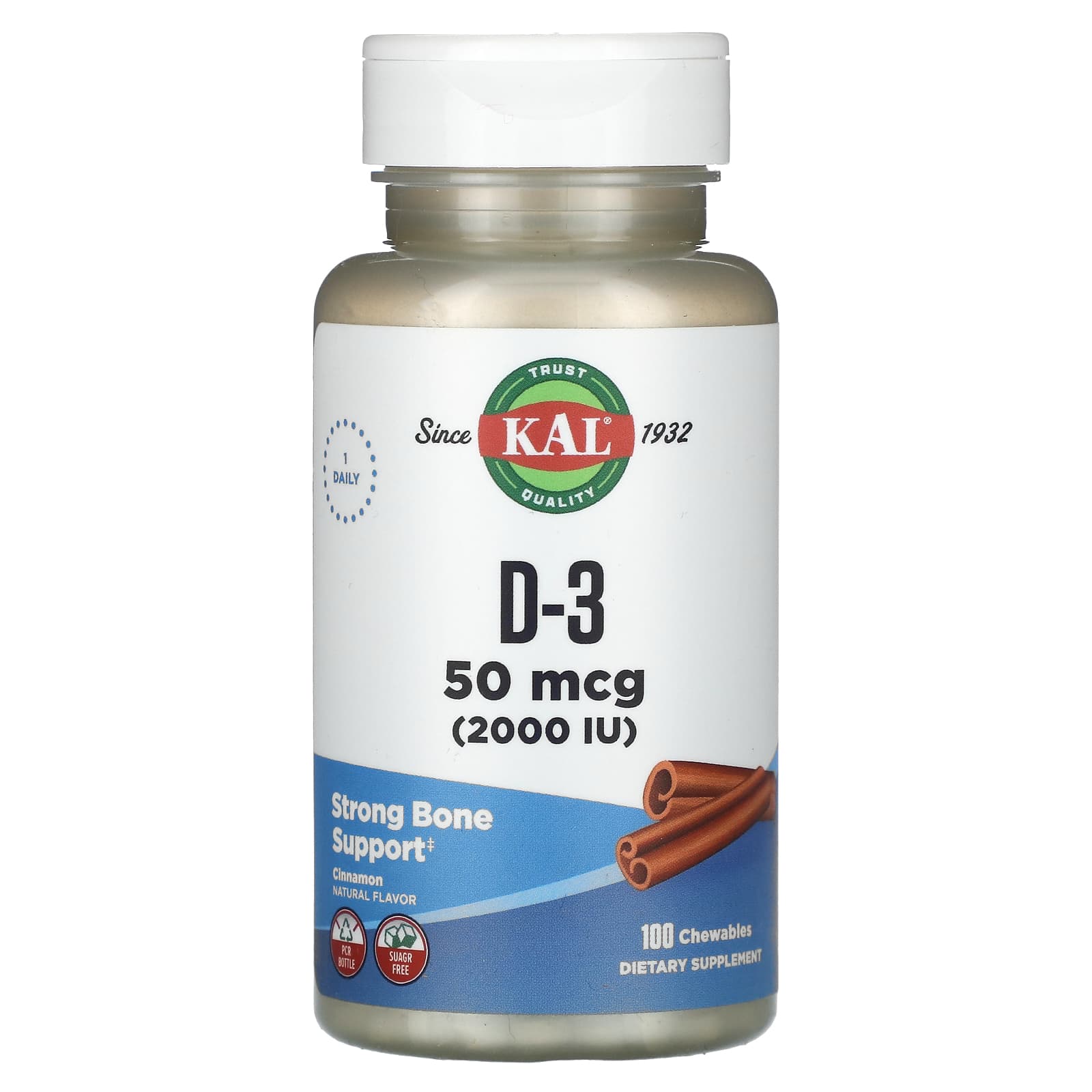 KAL, D-3, Cinnamon, 50 mcg (2,000 IU), 100 Chewables - Image 1