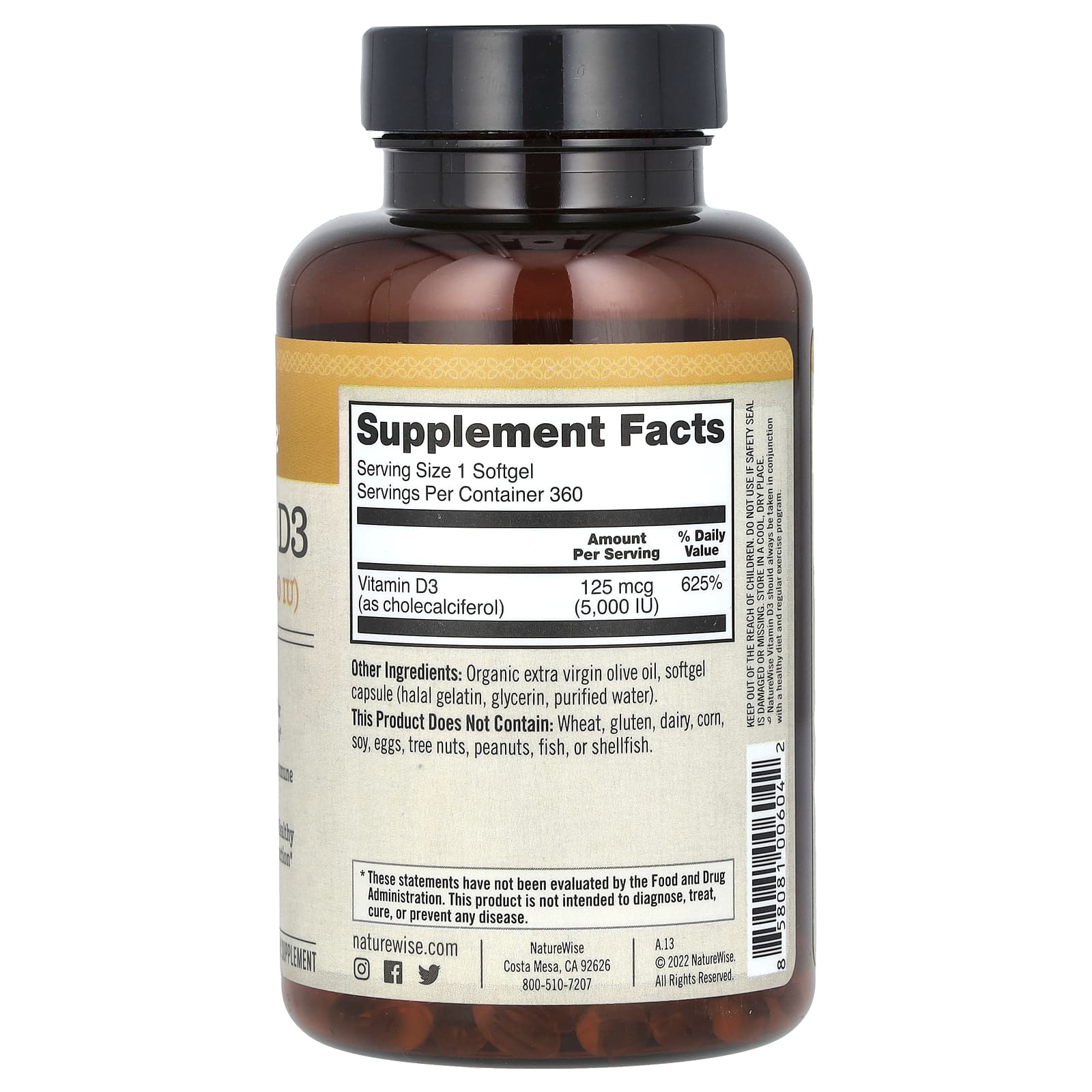NatureWise, Vitamin D3, 125 mcg (5,000 IU), 360 Softgels - Image 2