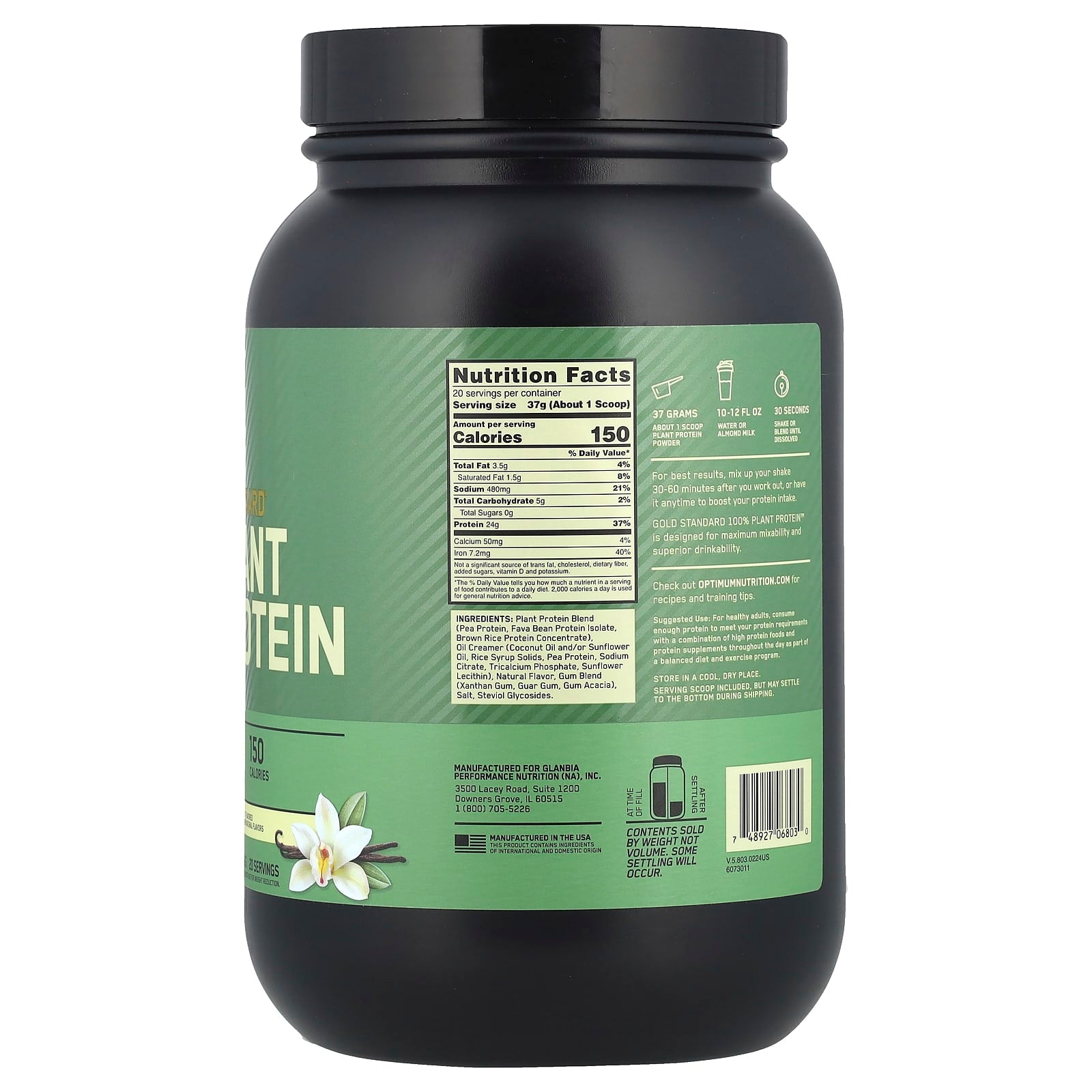 Optimum Nutrition, Gold Standard® 100% Plant Protein, Creamy Vanilla, 1.63 lbs (740 g) - Image 2