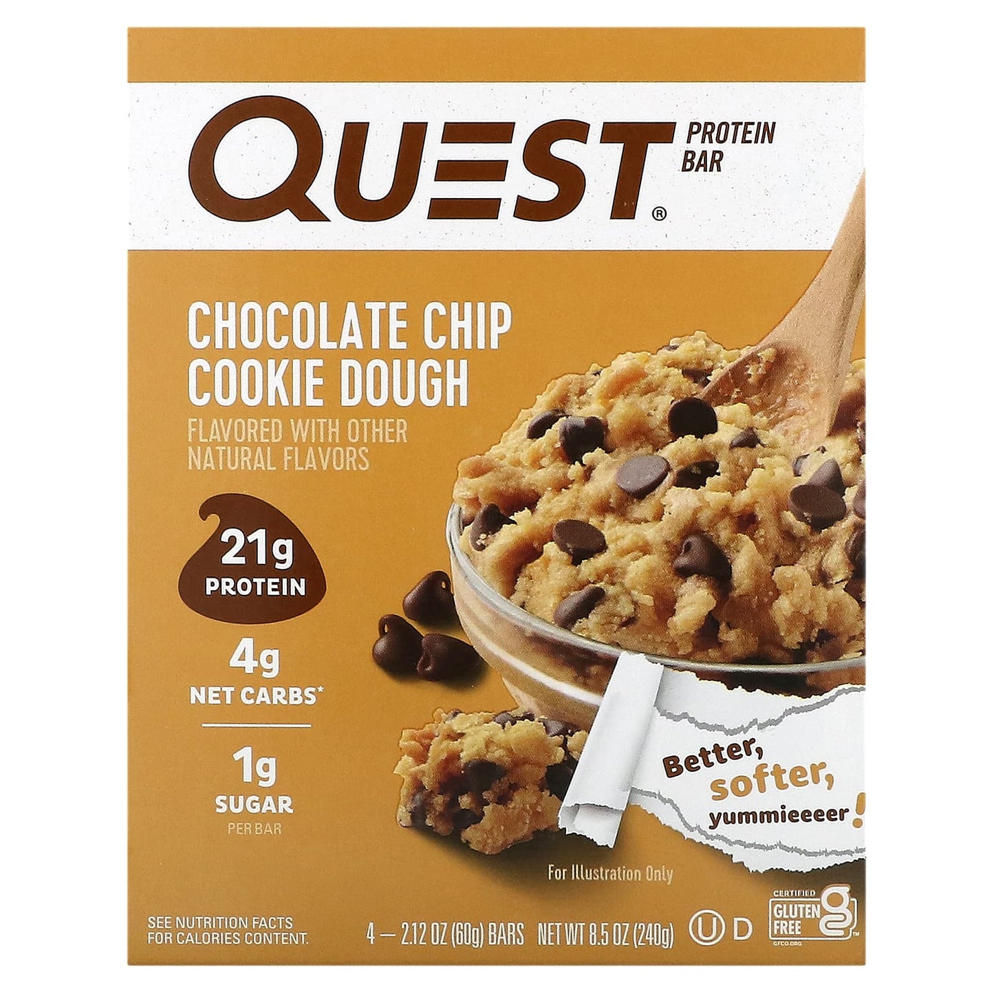 Quest Nutrition, Protein Bar, Chocolate Chip Cookie Dough, 4 Bars, 2.12 oz (60 g) Each - Image 1