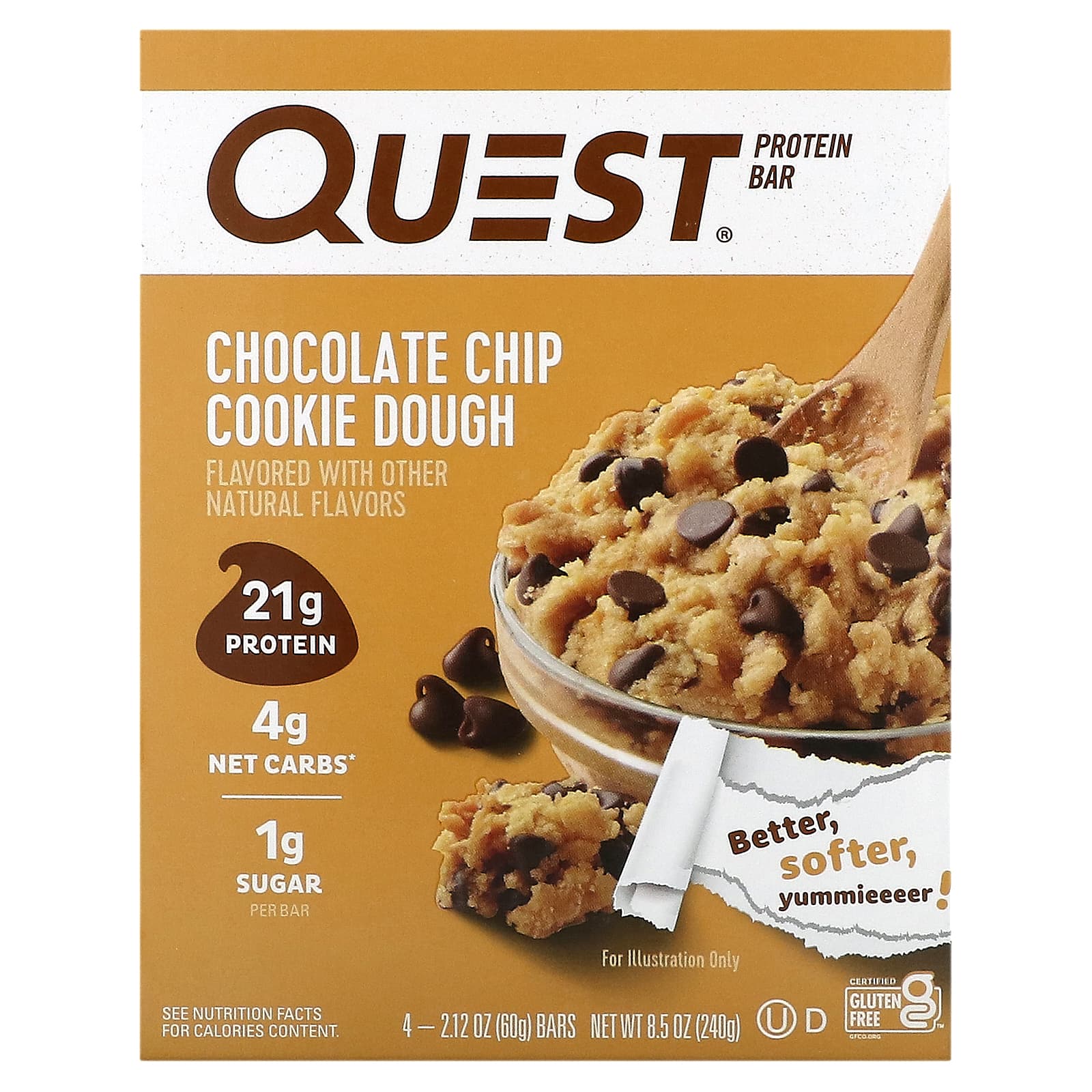 Quest Nutrition, Protein Bar, Chocolate Chip Cookie Dough, 4 Bars, 2.12 oz (60 g) Each - Image 1