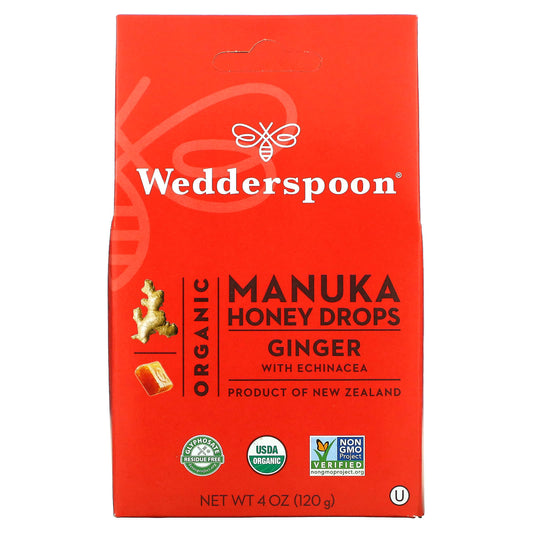 Wedderspoon, Organic Manuka Honey Drops, Ginger with Echinacea, 20 Drops, 4 oz (120 g) - Image 1