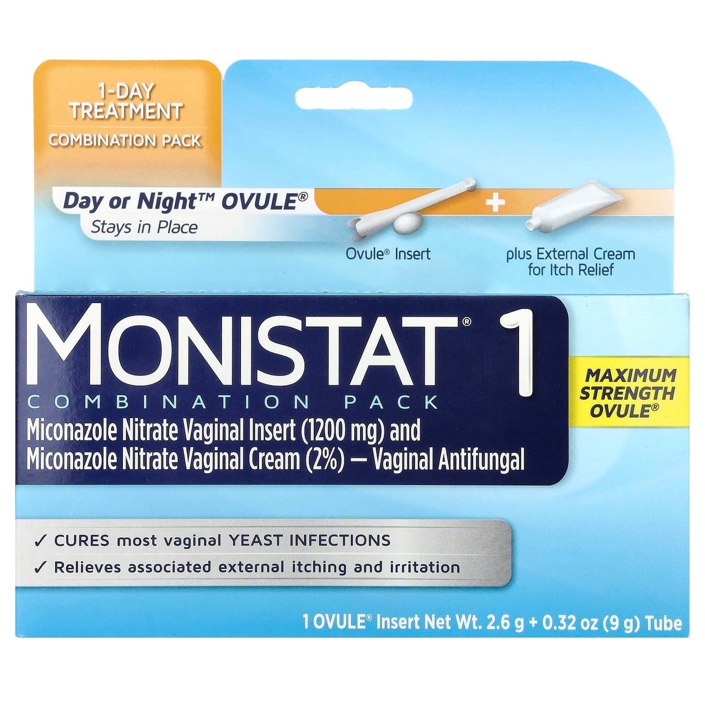 Monistat, 1-Day Treatment Combination Pack, Day or Night™ Ovule®, 1 Ovule® Insert, 2.6 g + 0.32 oz (9 g) Tube - Image 1