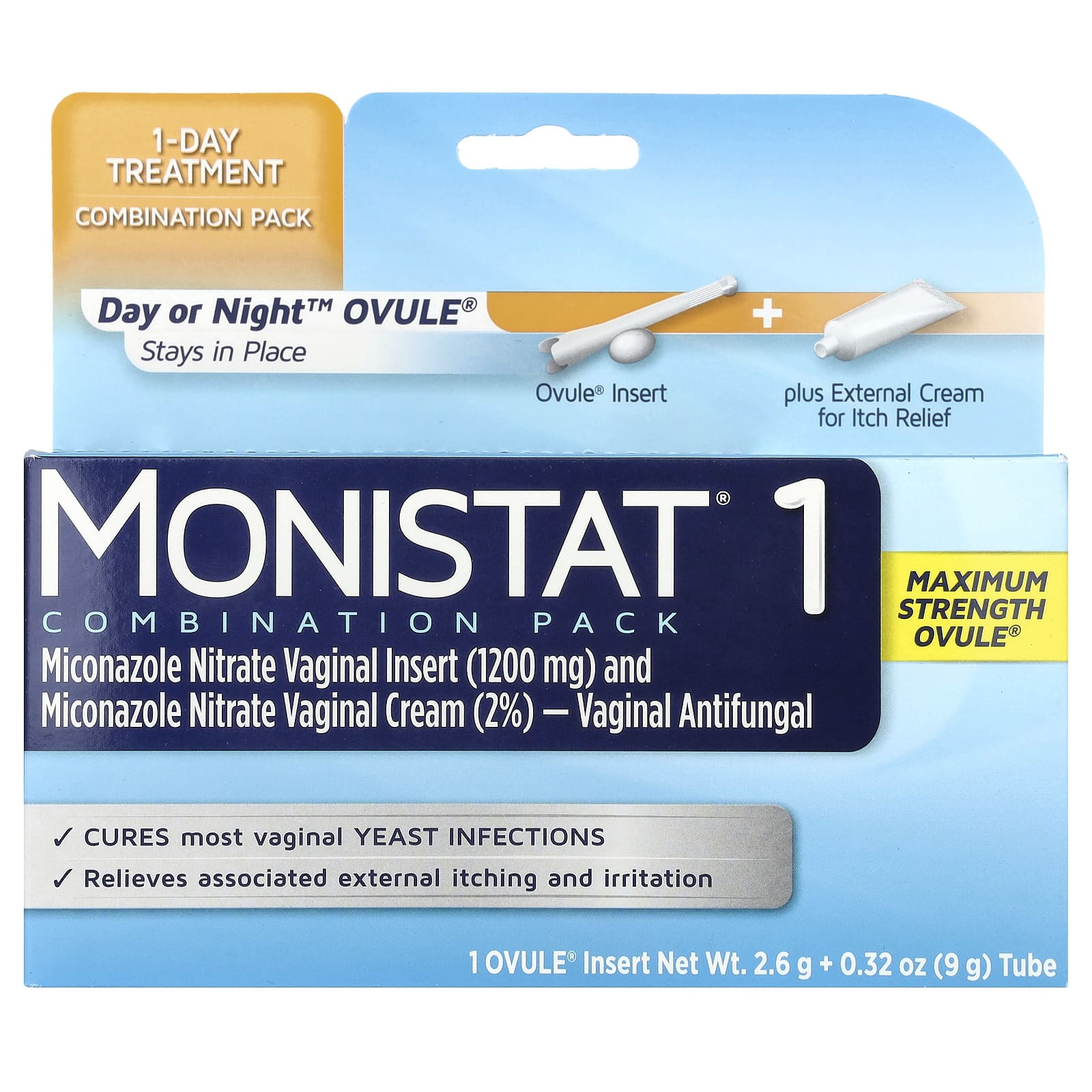 Monistat, 1-Day Treatment Combination Pack, Day or Night™ Ovule®, 1 Ovule® Insert, 2.6 g + 0.32 oz (9 g) Tube - Image 1