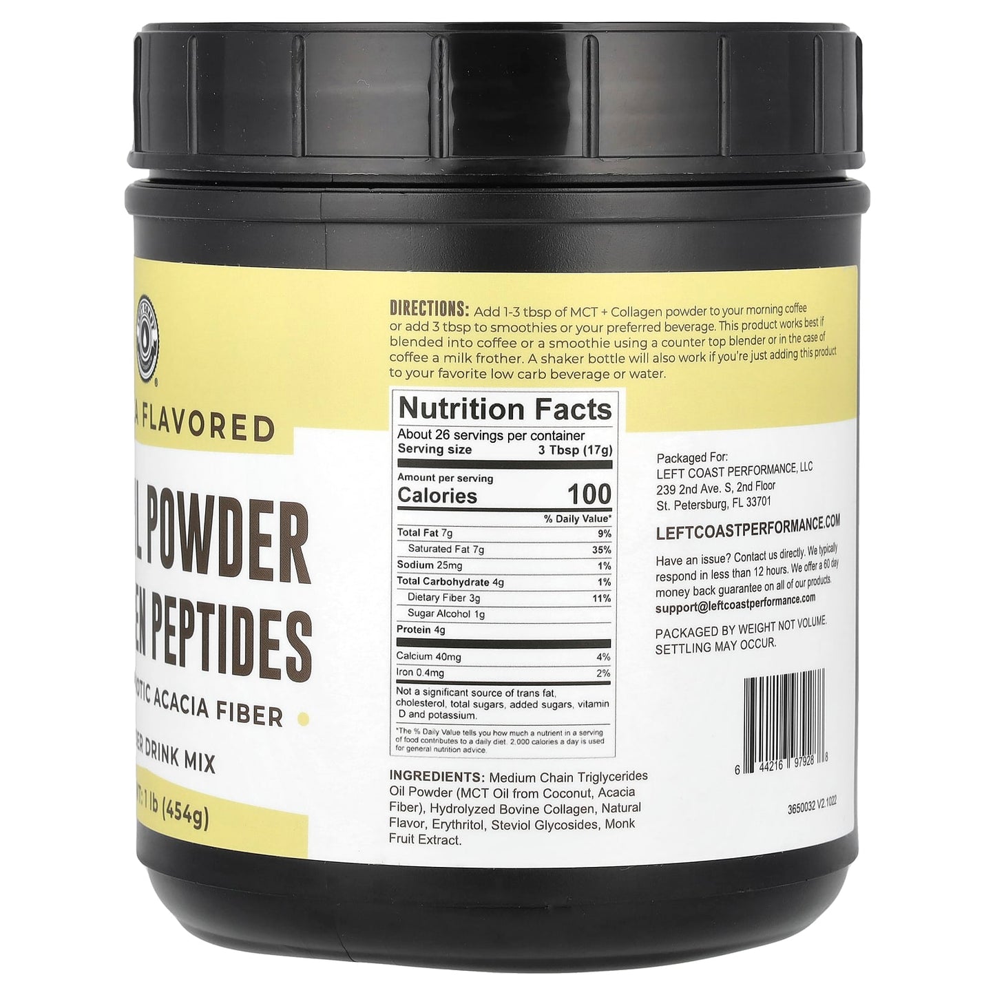 Left Coast Performance, MCT Oil Powder Collagen Peptides with Prebiotic Acacia Fiber, Vanilla, 1 lb (454 g) - Image 2