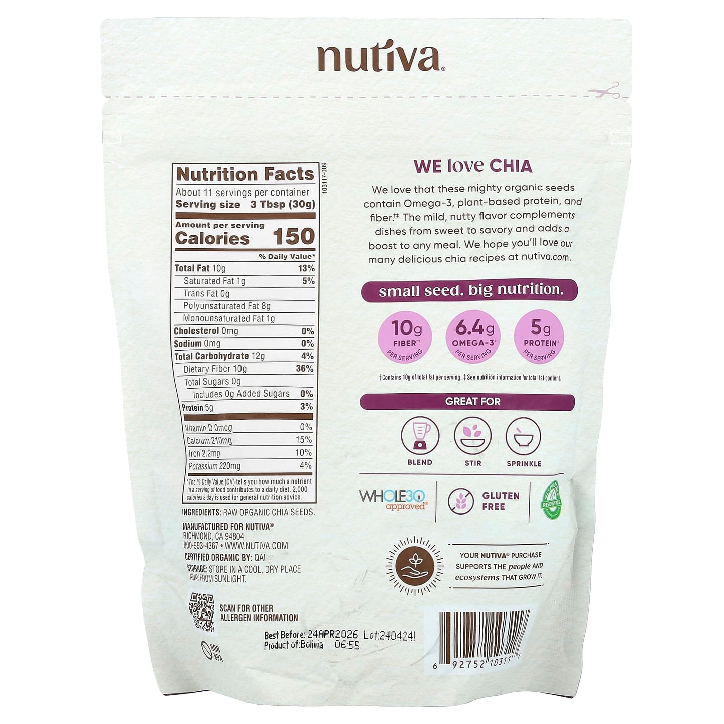 Nutiva, Organic Chia Seeds, 12 oz (340 g) - Image 2
