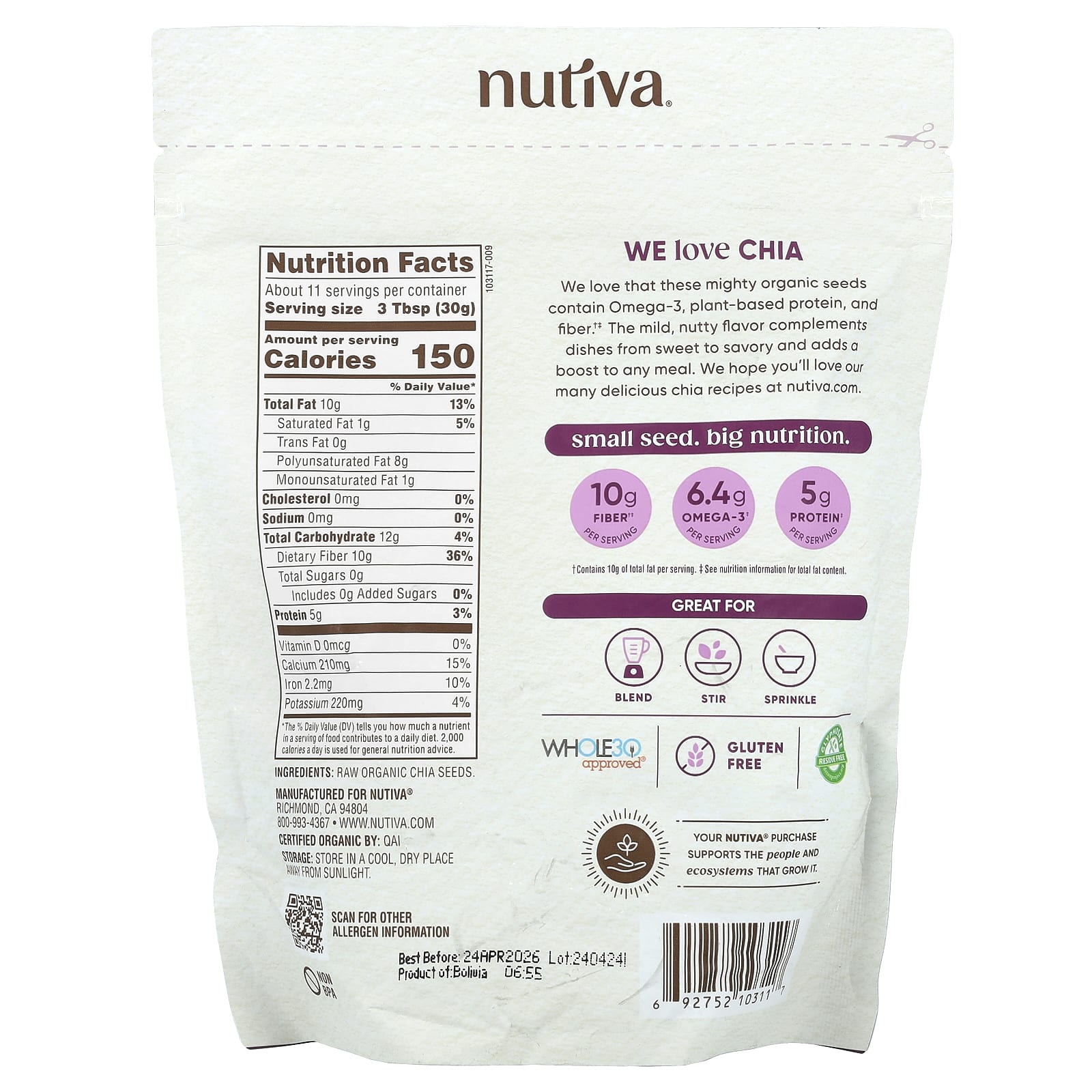 Nutiva, Organic Chia Seeds, 12 oz (340 g) - Image 2