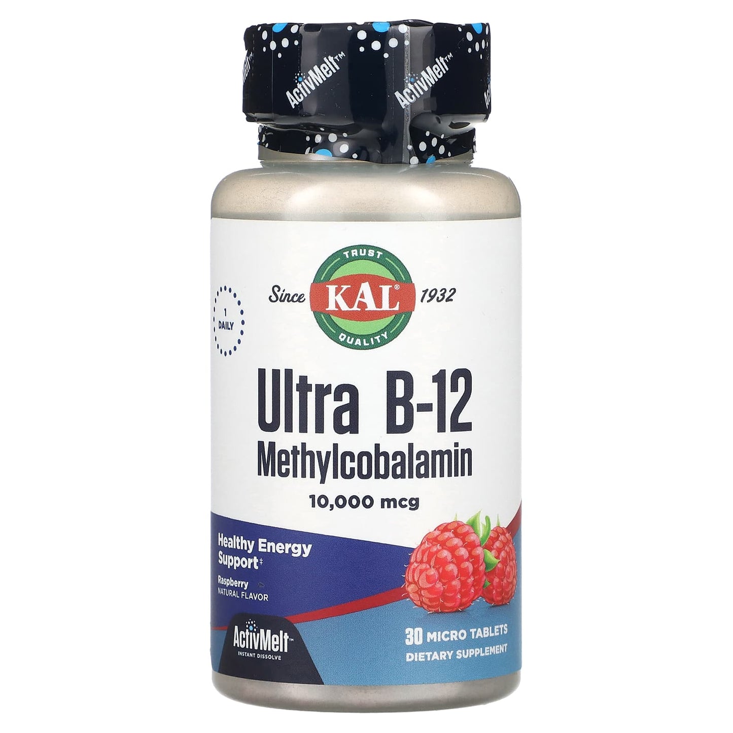 KAL, Ultra B-12 Methylcobalamin, Raspberry, 10,000 mcg, 30 Micro Tablets - Image 1
