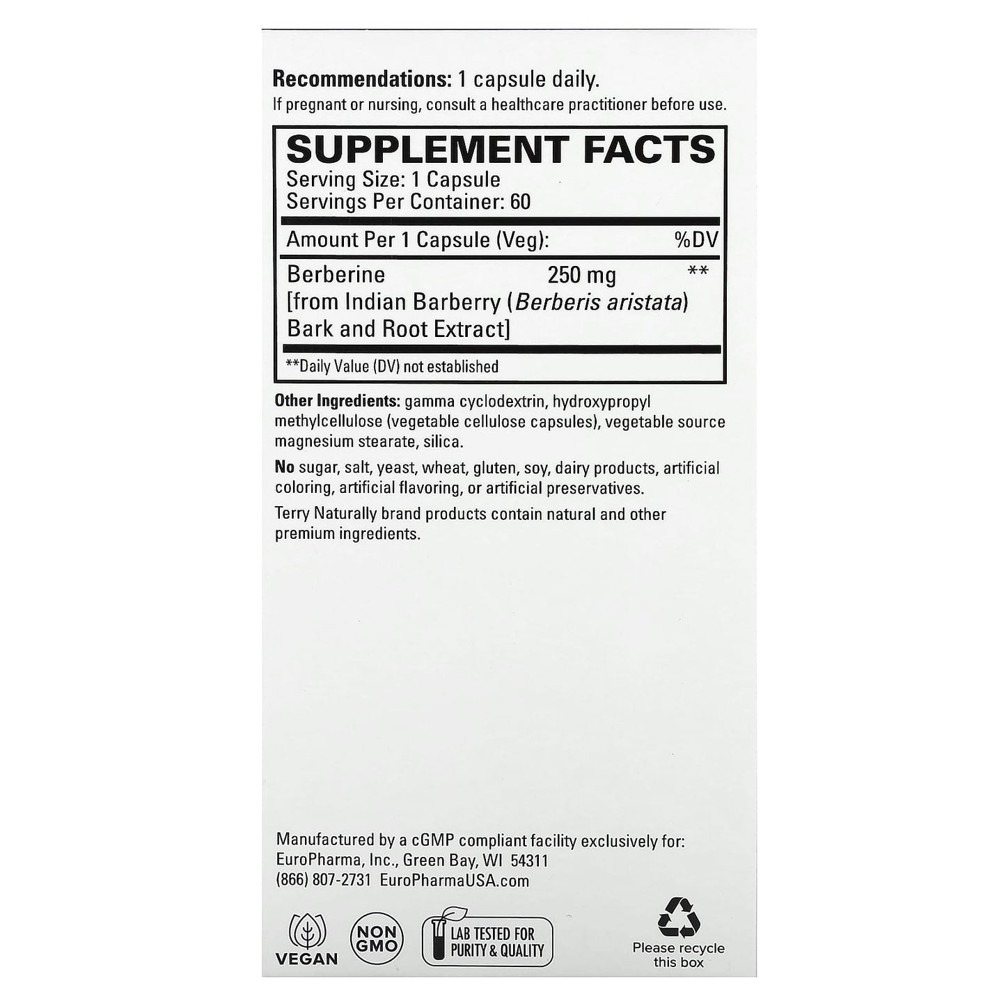 Terry Naturally, Berberine MetX, Extra Strength, 60 Capsules (250 mg per Capsule) - Image 2
