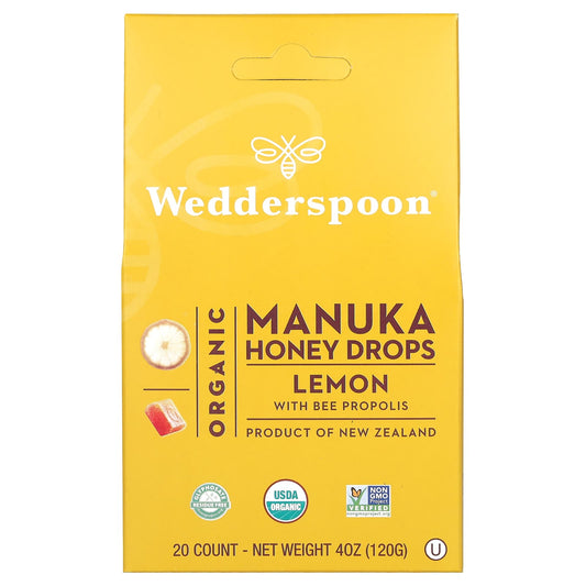 Wedderspoon, Organic Manuka Honey Drops, Lemon With Bee Propolis, 20 Count, 4 oz (120 g) - Image 1