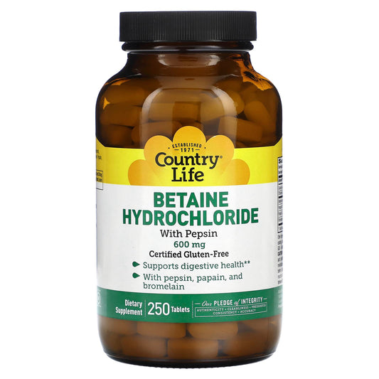 Betaine HCL Supplement with Pepsin, 600mg, 250 Tablets, Gluten-Free - Image 1