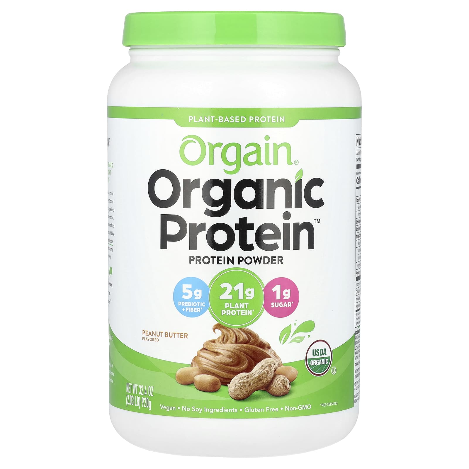 Orgain, Organic Protein Powder, Plant-Based, Peanut Butter, 2.03 lb (920 g) - Image 1
