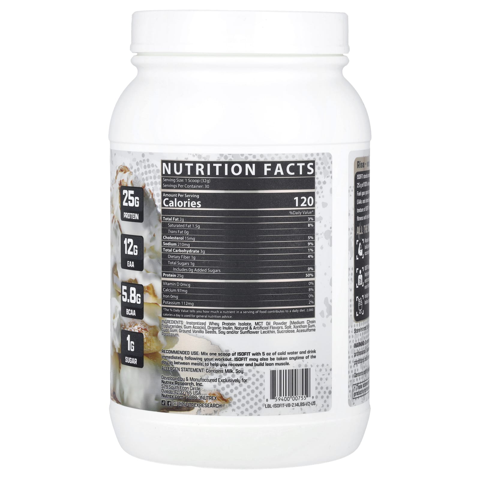 Nutrex Research, IsoFit® Protein, Vanilla Bean Ice Cream, 2.14 lbs (969 g) - Image 2