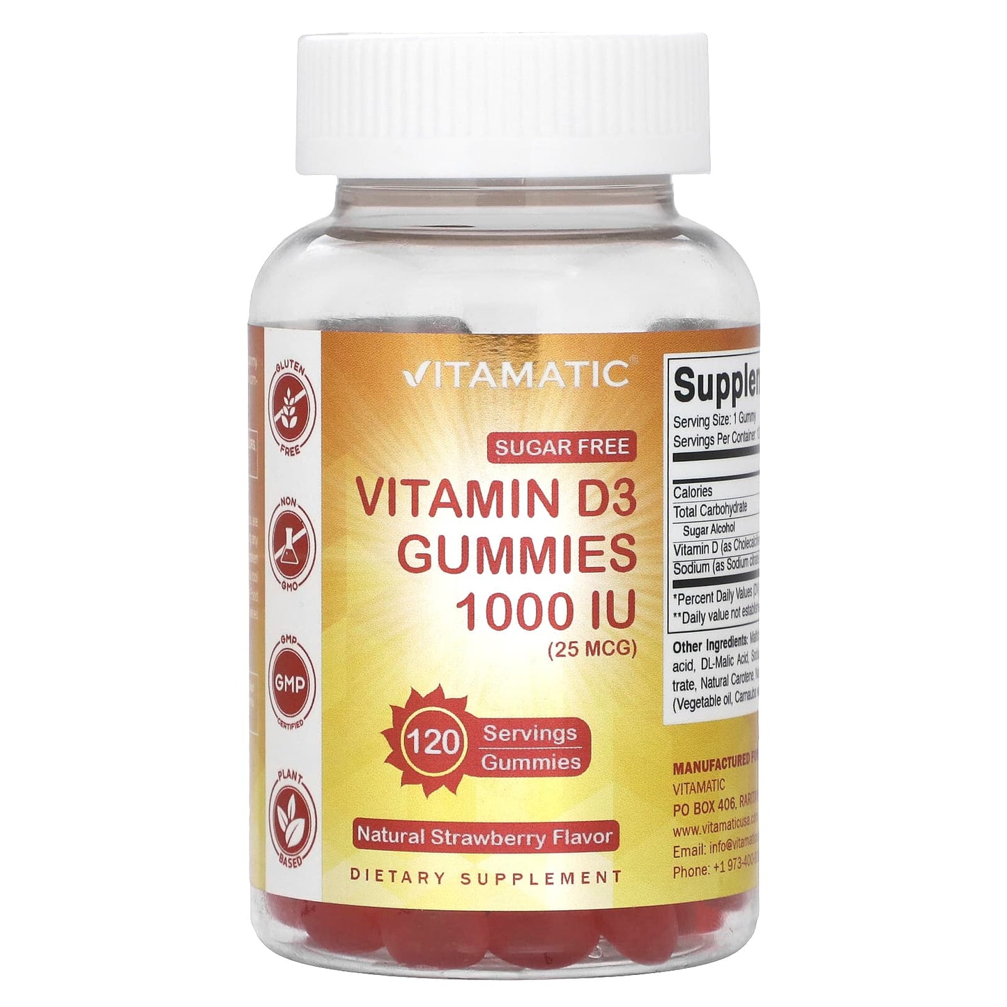 Vitamatic, Vitamin D3 Gummies, Natural Strawberry, 1,000 IU (25 mcg), 120 Gummies - Image 1