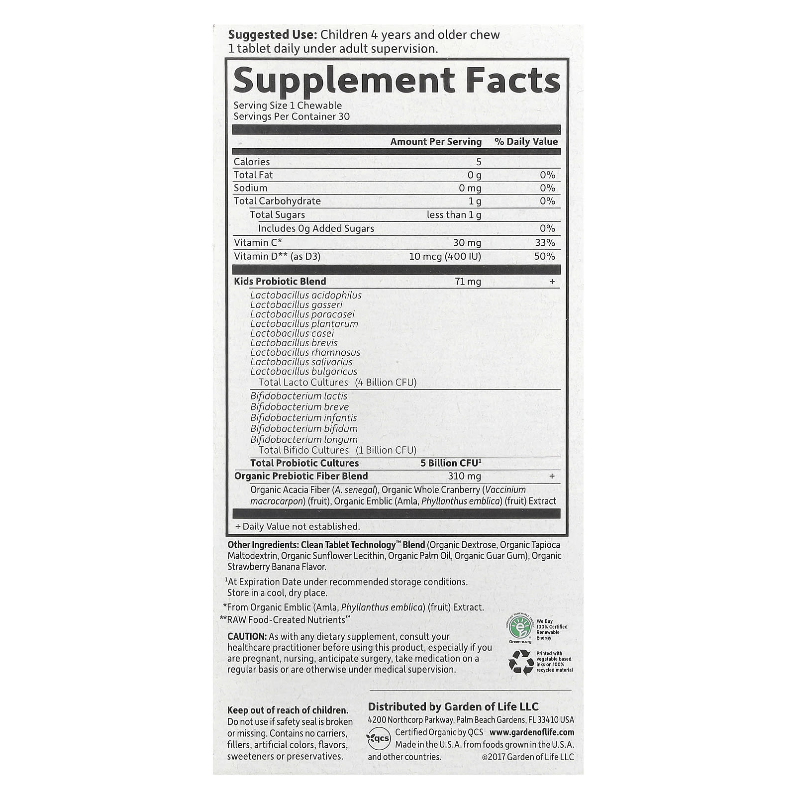 Garden of Life, Dr. Formulated Probiotics, Organic Kids + Chewables, Tasty Organic Strawberry Banana, 30 Yummy Chewables